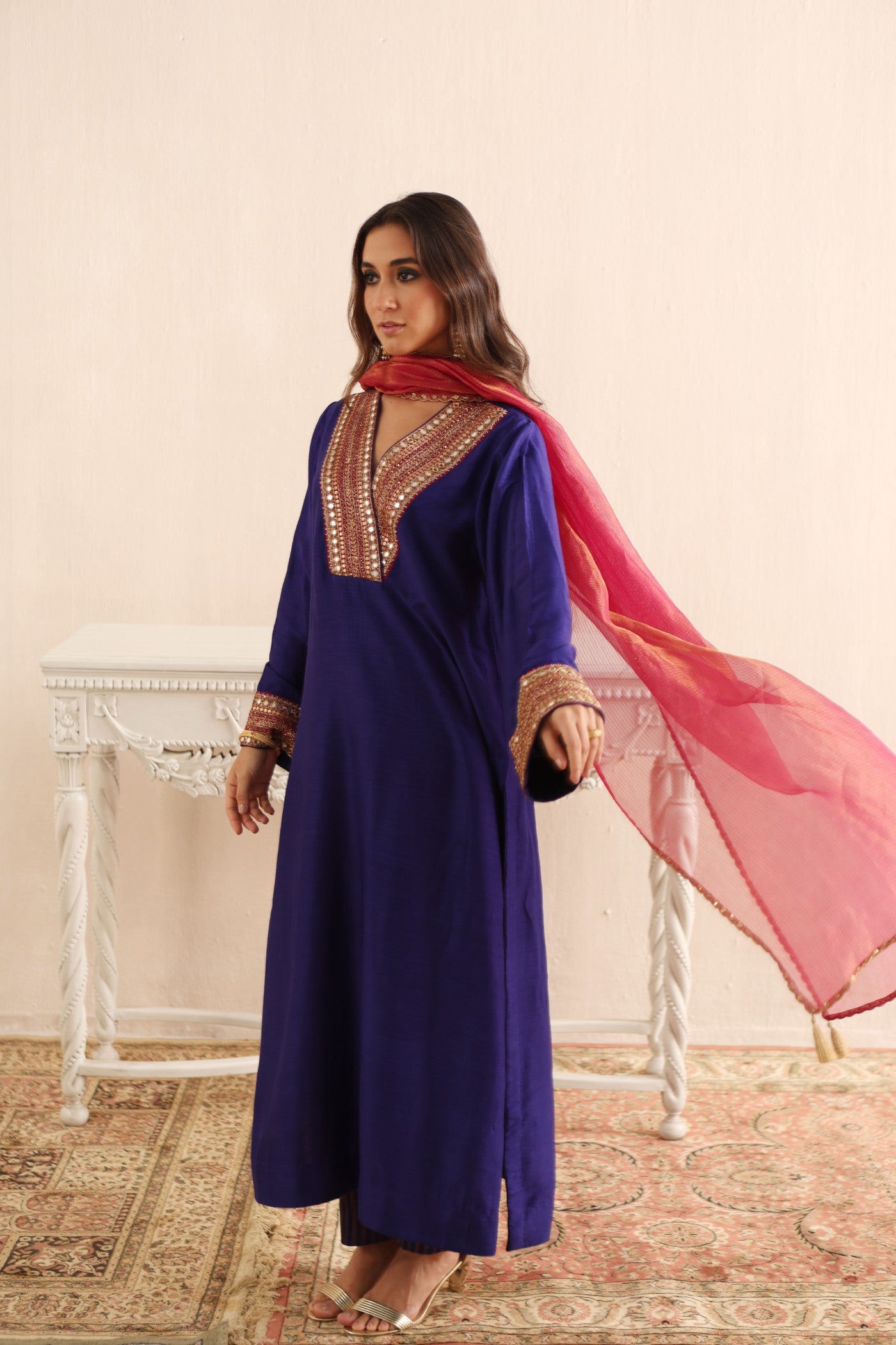 ROYAL-BLUE HAND-EMBROIDERED PURE MUGA-SILK KURTA-PANTS SET WITH PINK PURE KOTA SILK DUPATTA