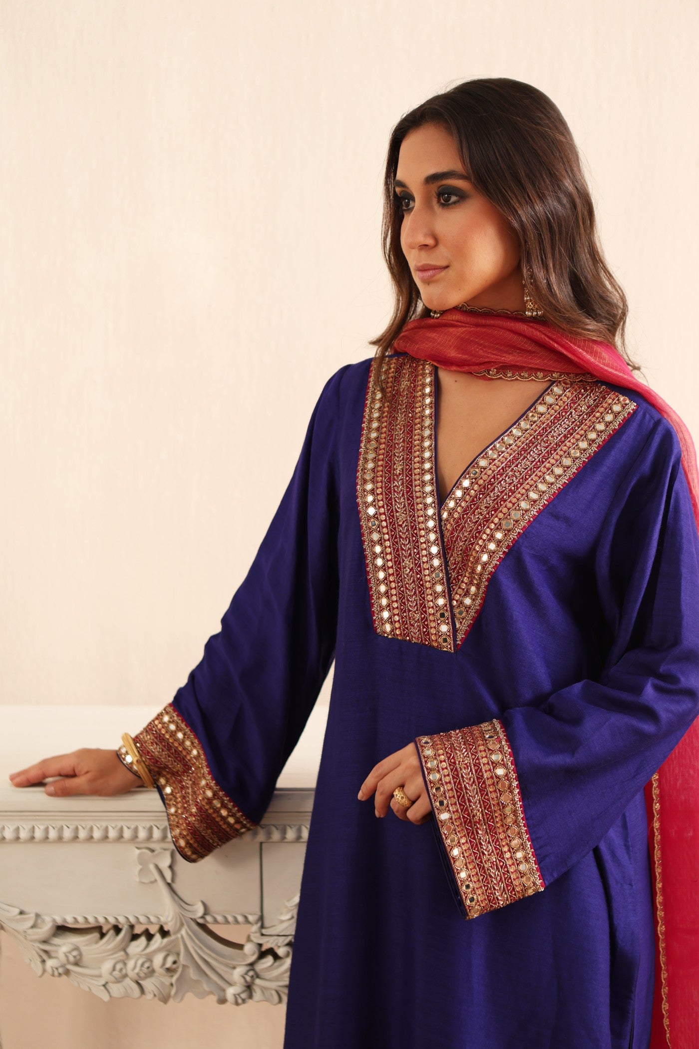 ROYAL-BLUE HAND-EMBROIDERED PURE MUGA-SILK KURTA-PANTS SET WITH PINK PURE KOTA SILK DUPATTA