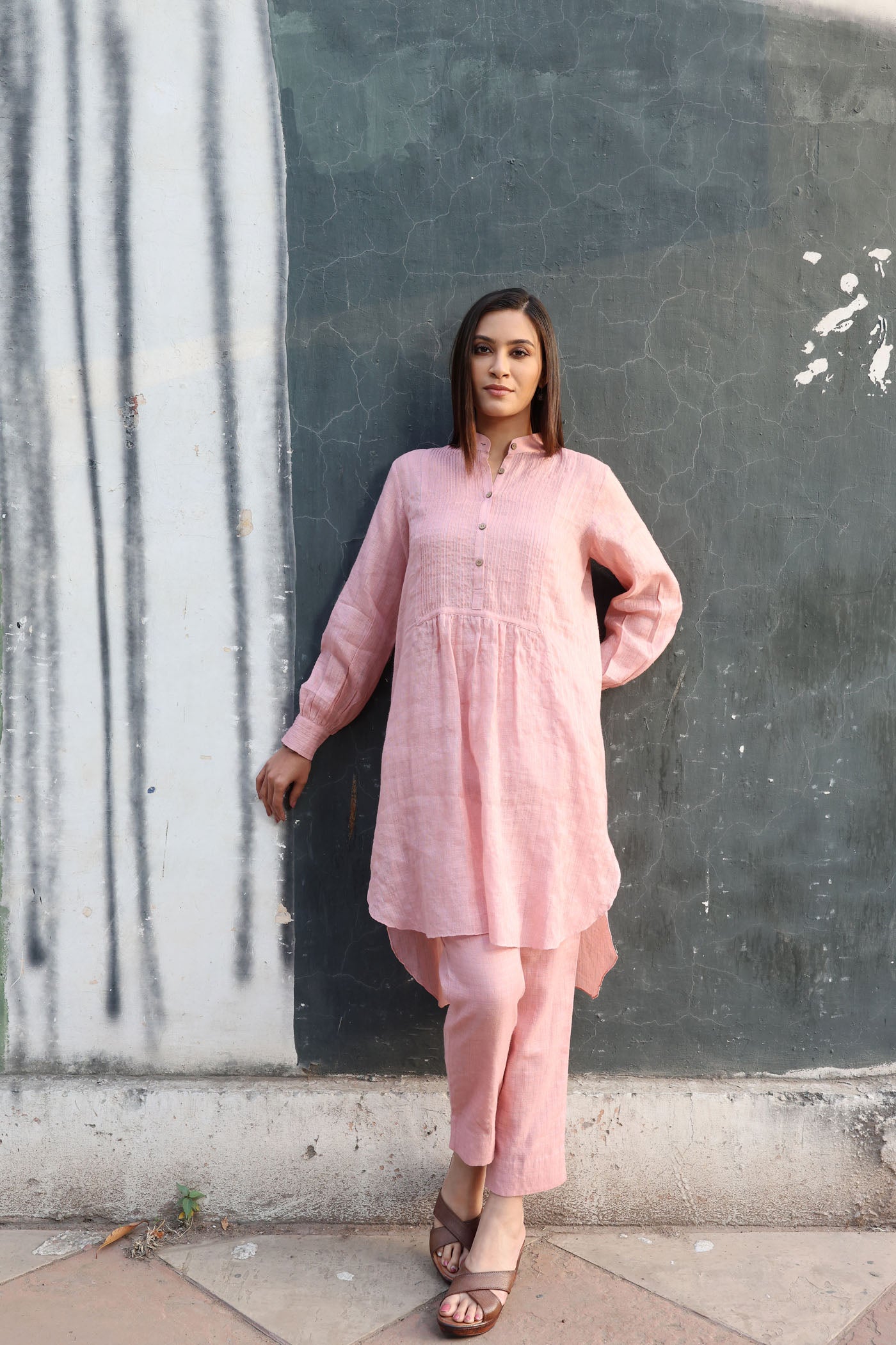Dusty-Pink Pure Linen (With Metallic Checks & Stripes) Band-Collared With Pintucked Yoke Kurta-Pants Set