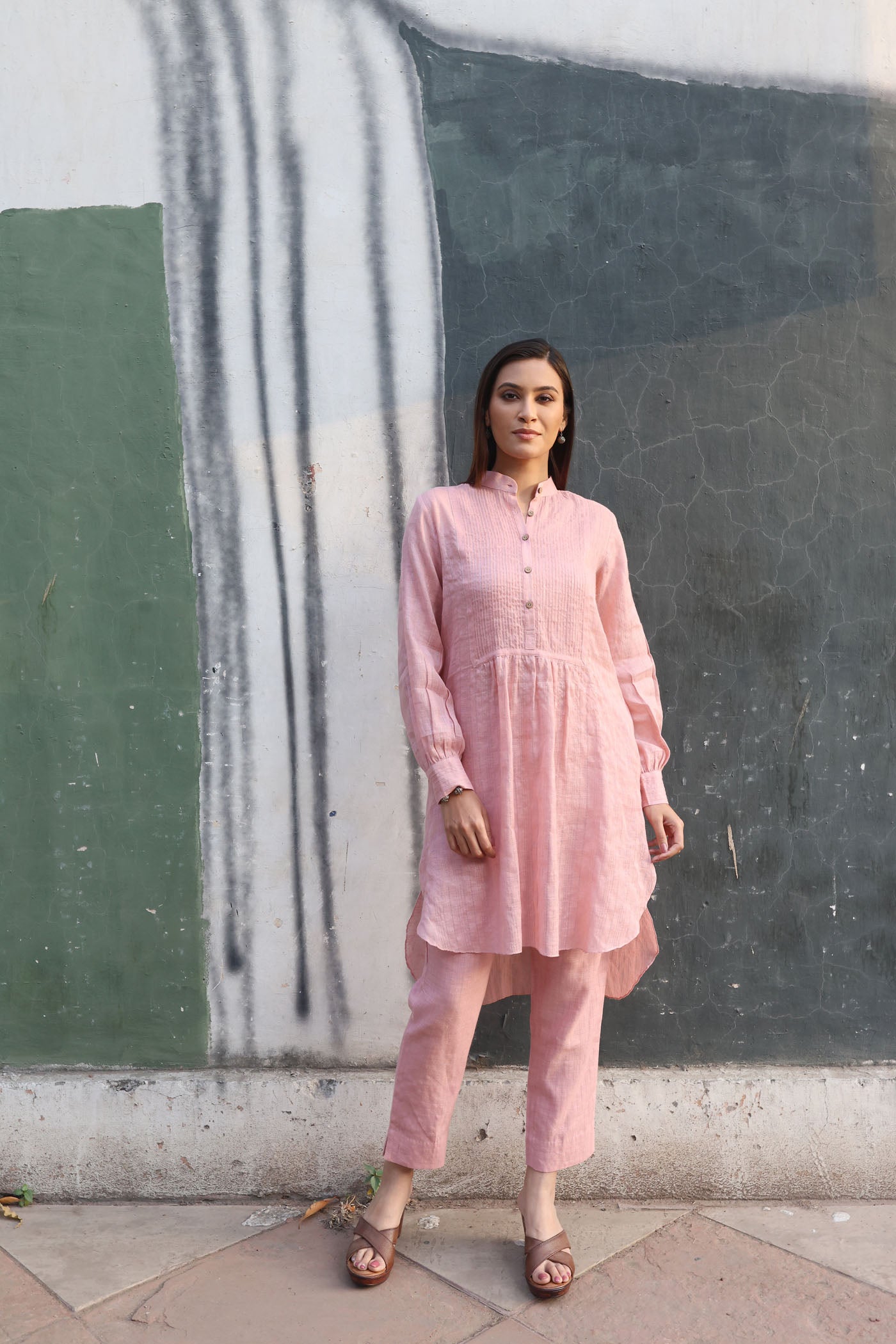 Dusty-Pink Pure Linen (With Metallic Checks & Stripes) Band-Collared With Pintucked Yoke Kurta-Pants Set