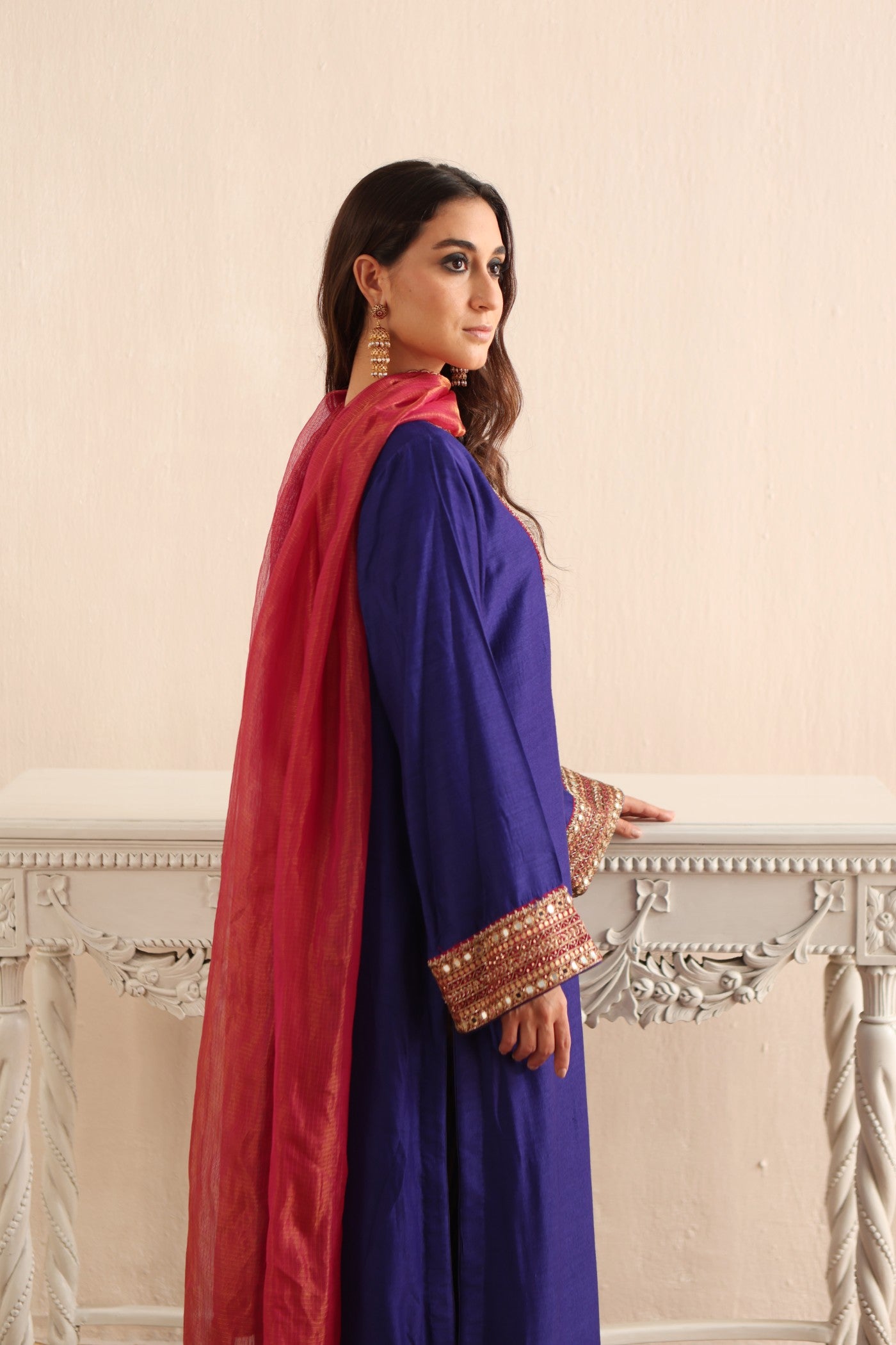 ROYAL-BLUE HAND-EMBROIDERED PURE MUGA-SILK KURTA-PANTS SET WITH PINK PURE KOTA SILK DUPATTA