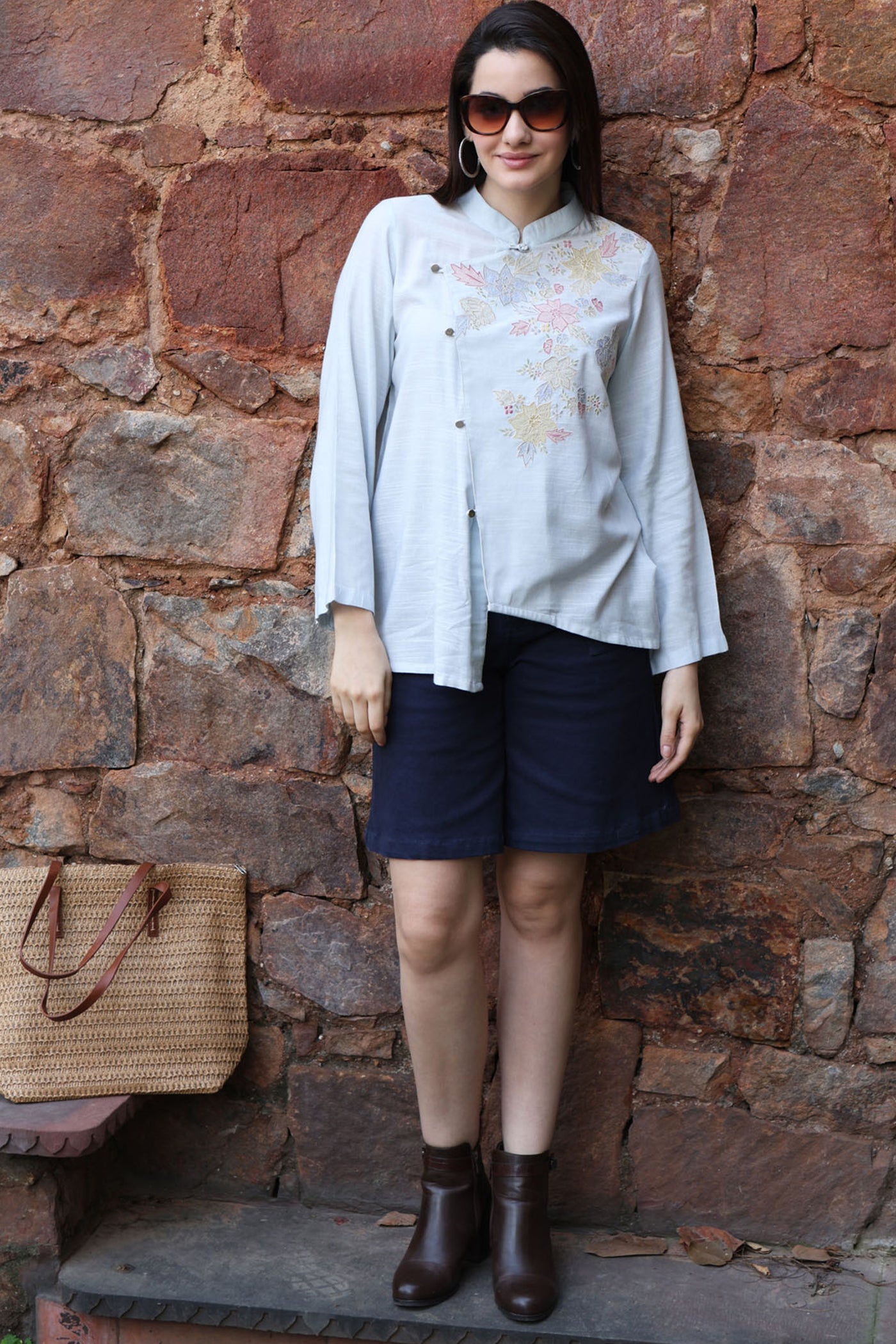 Pastel-Blue Embroidered (Applique & Cutwork) Pure Cotton Band-Collared Short-Blouse With An Asymmetrical Front Opening