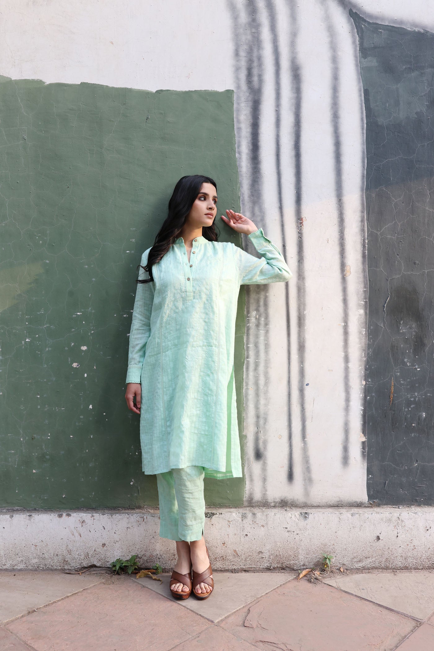 Pastel-Green Pure Linen (With Metallic Checks & Stripes) Band-Collared With Cotton-Laces Kurta-Pants Set