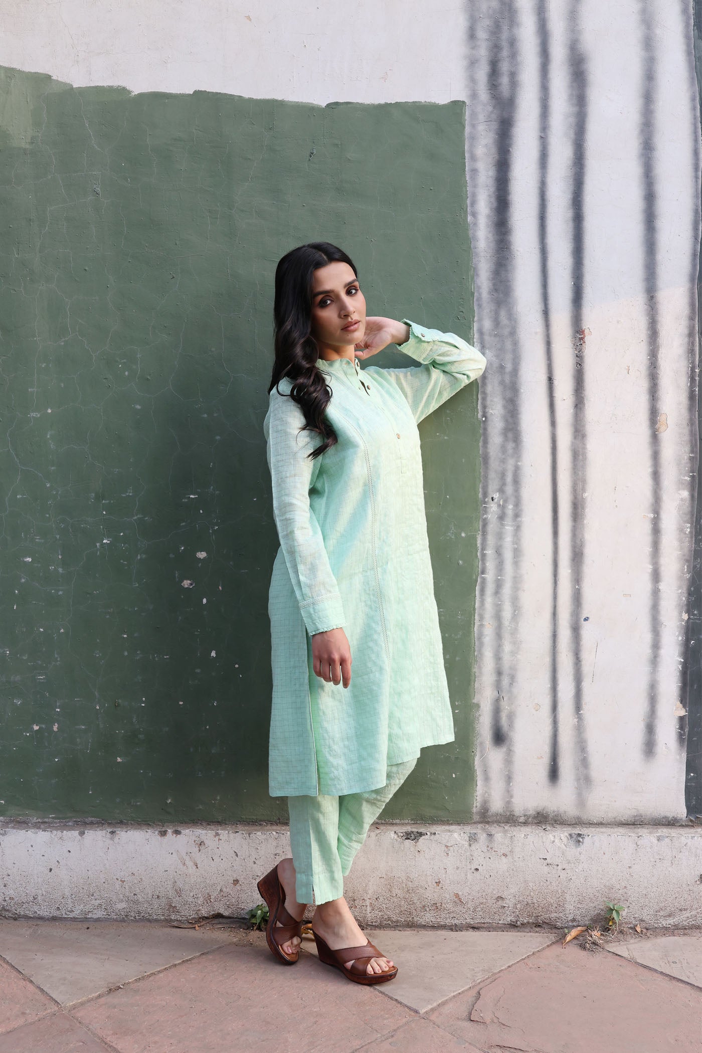 Pastel-Green Pure Linen (With Metallic Checks & Stripes) Band-Collared With Cotton-Laces Kurta-Pants Set