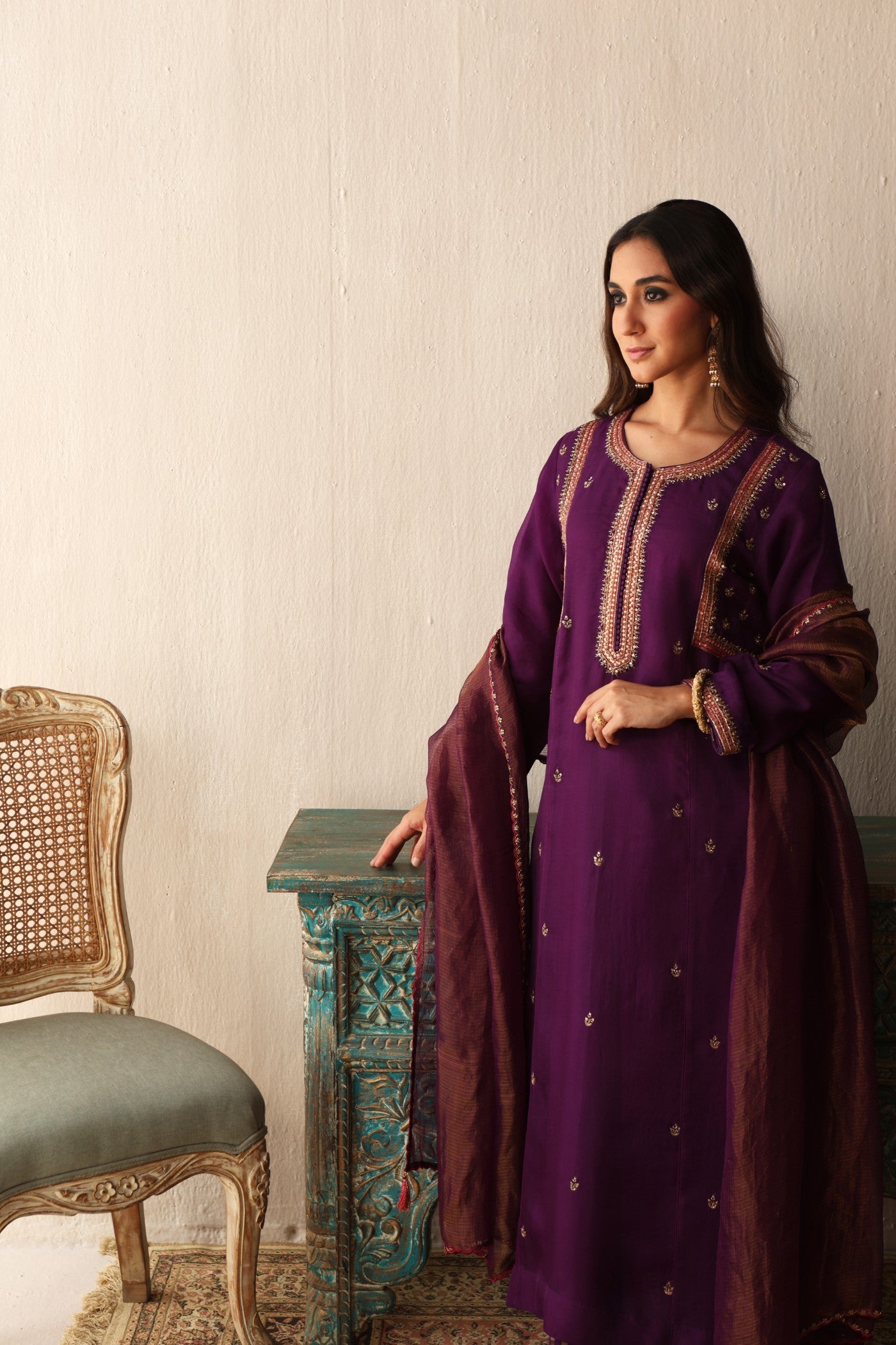 PURPLE HAND-EMBROIDERED PURE SILK-ORGANZA KURTA-PANTS SET