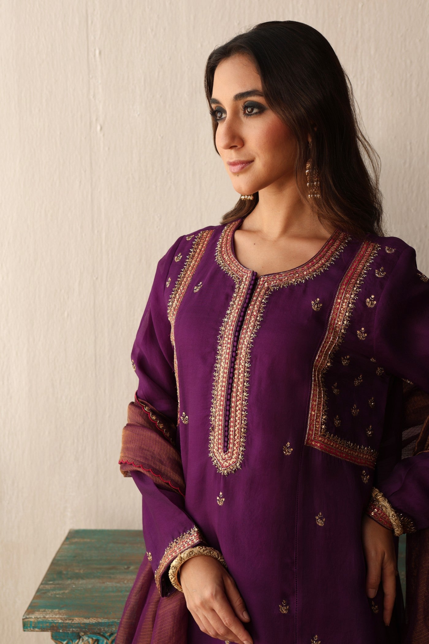 PURPLE HAND-EMBROIDERED PURE SILK-ORGANZA KURTA-PANTS SET