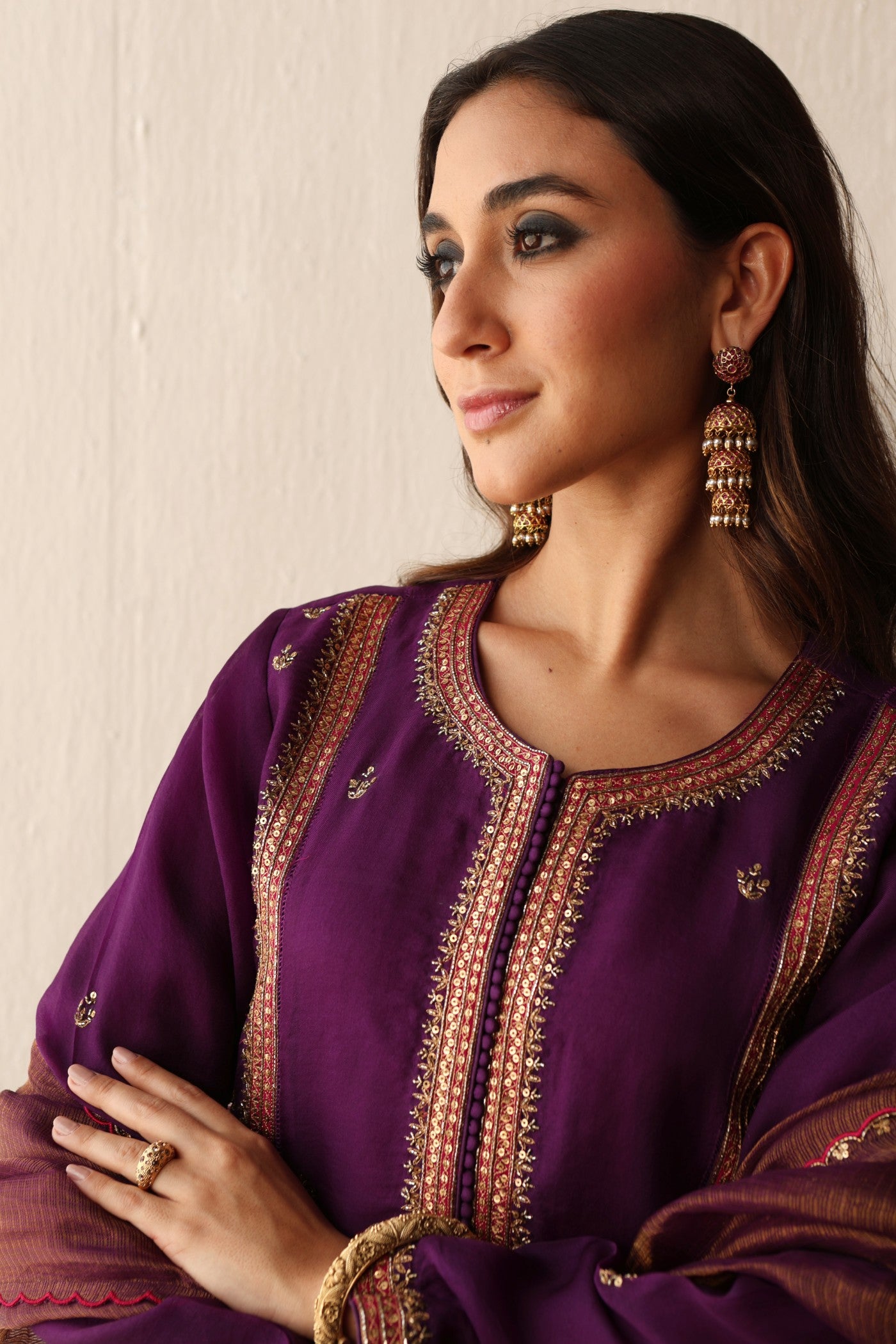 PURPLE HAND-EMBROIDERED PURE SILK-ORGANZA KURTA-PANTS SET