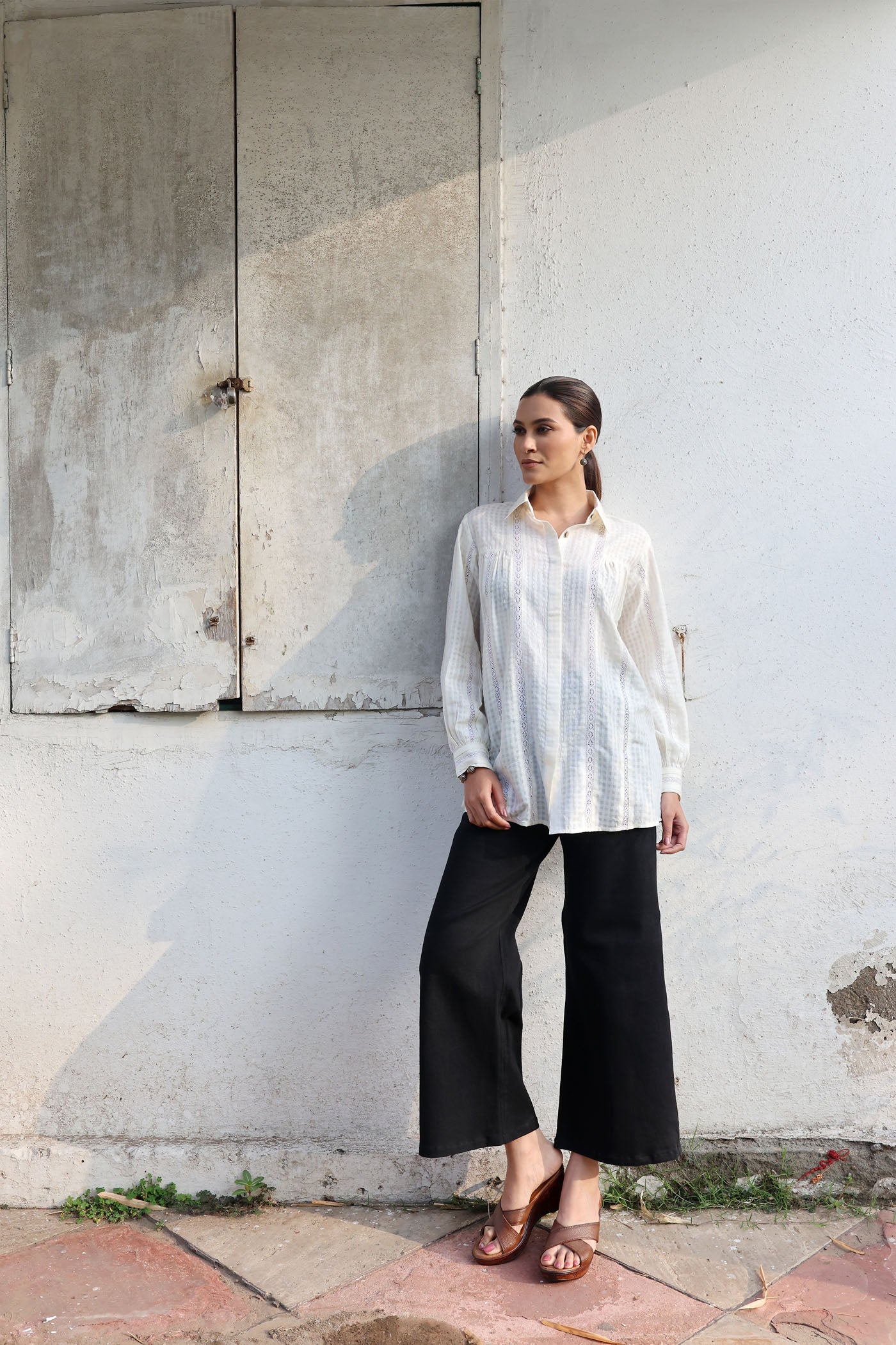 Ivory Handloom Pure Silk-Cotton (With Self-Checks) Collared Short-Blouse With Cotton Laces & Coconut Buttons