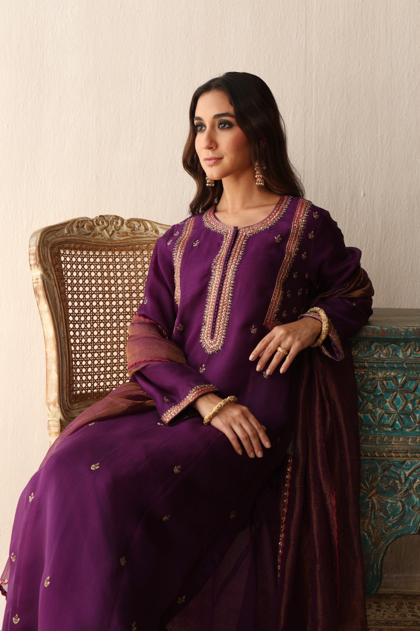 PURPLE HAND-EMBROIDERED PURE SILK-ORGANZA KURTA-PANTS SET