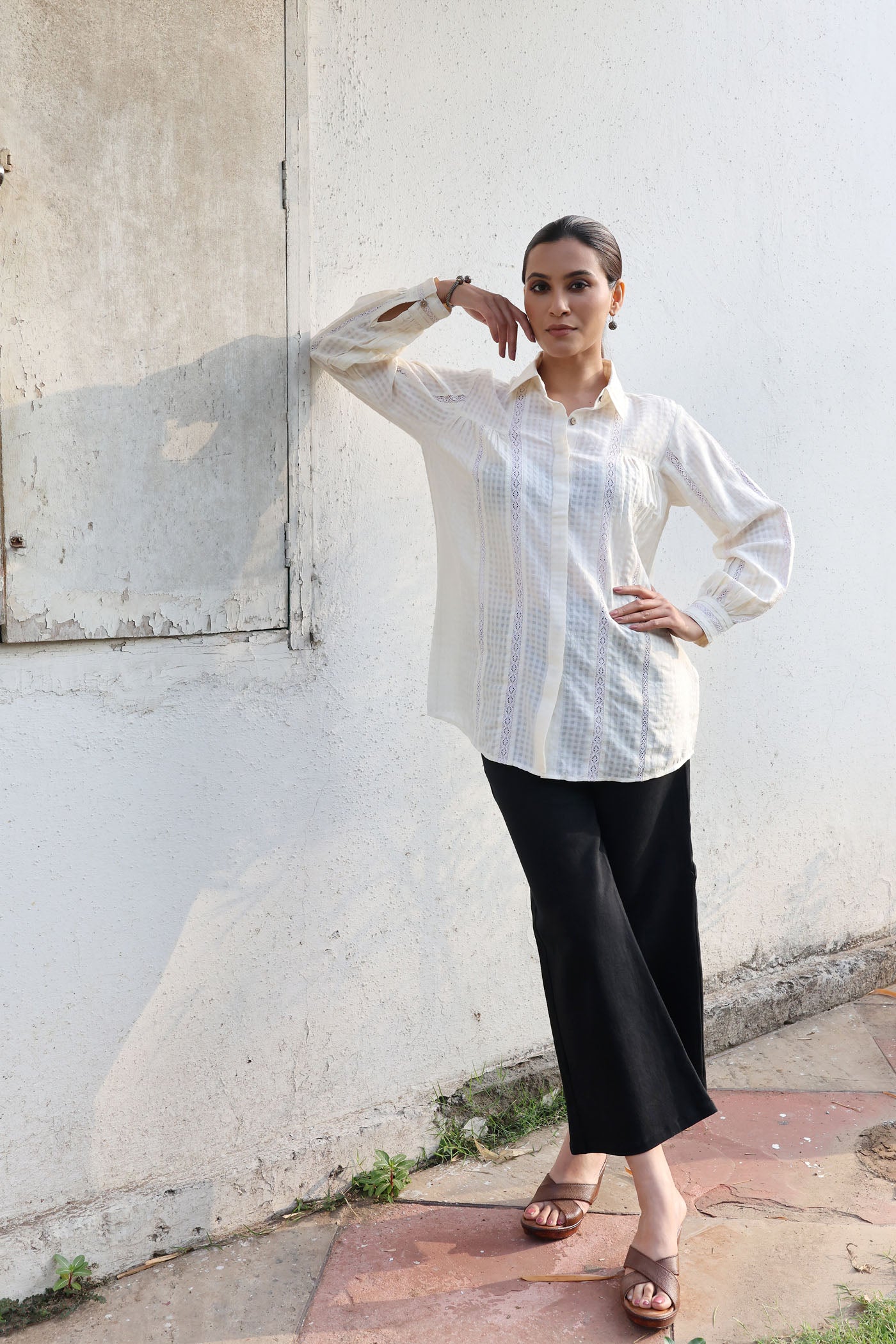 Ivory Handloom Pure Silk-Cotton (With Self-Checks) Collared Short-Blouse With Cotton Laces & Coconut Buttons