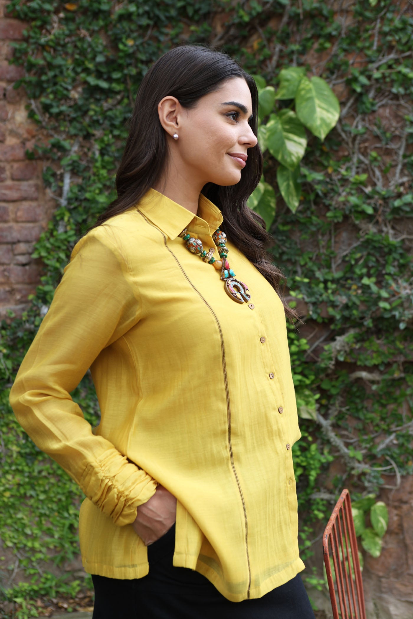 Dssty-Lime Pure Silk-Cotton Front-Open Collared Short-Blouse With Ruched Cuffs