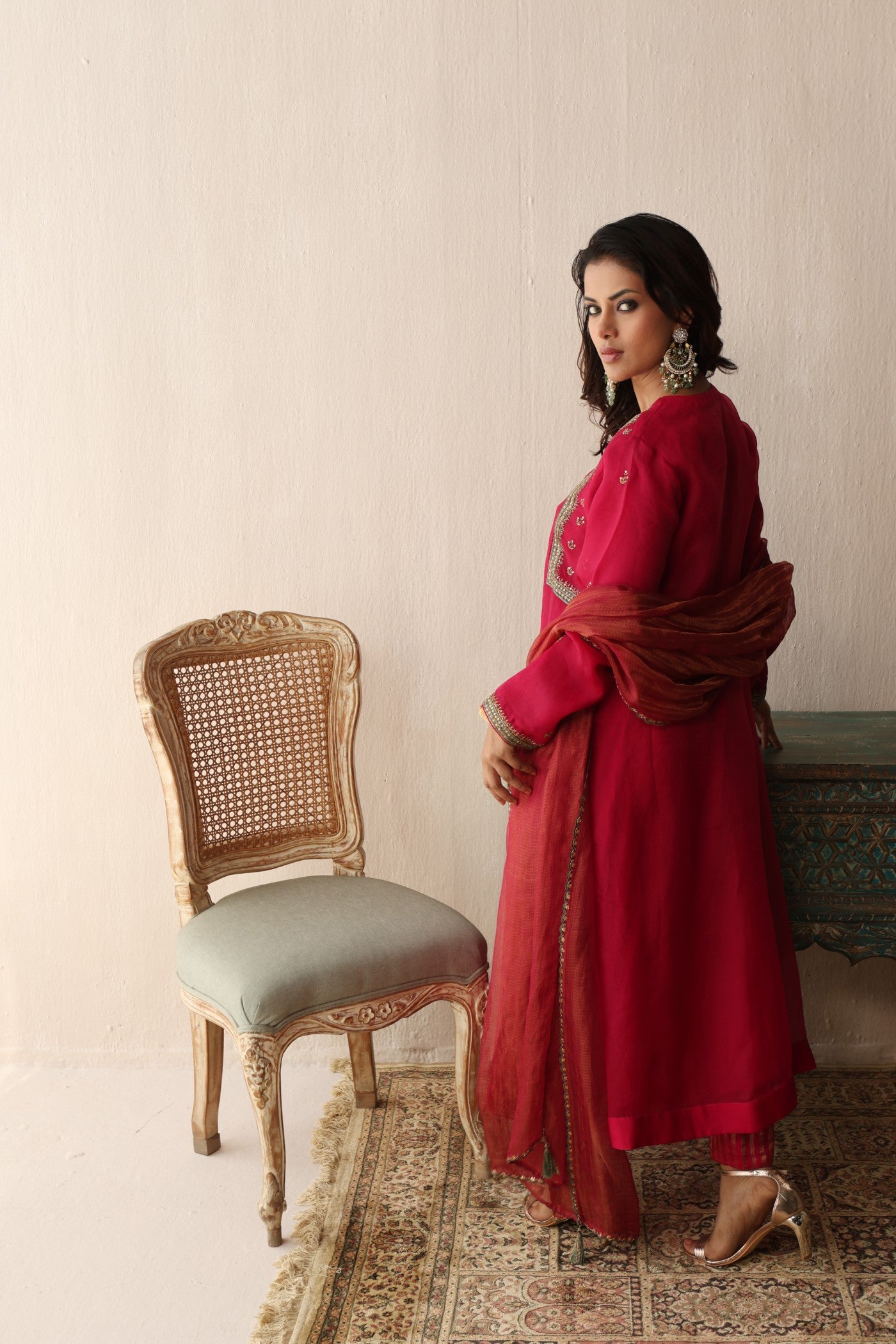 RANI-PINK HAND-EMBROIDERED PURE SILK-ORGANZA KURTA-PANTS SET