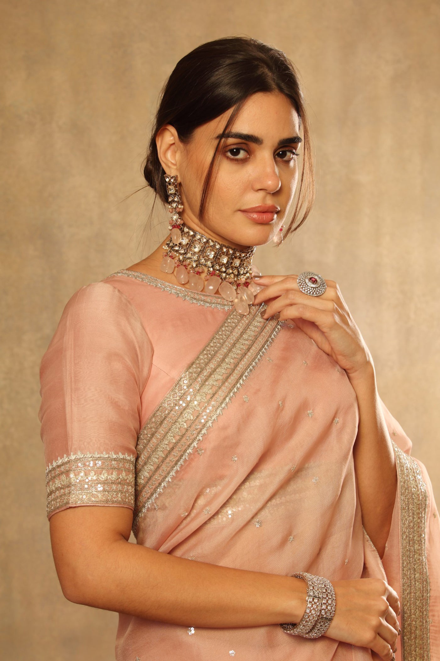 Hand Embroidered Dusty Pink Pure Silk Organza Saree Blouse Set