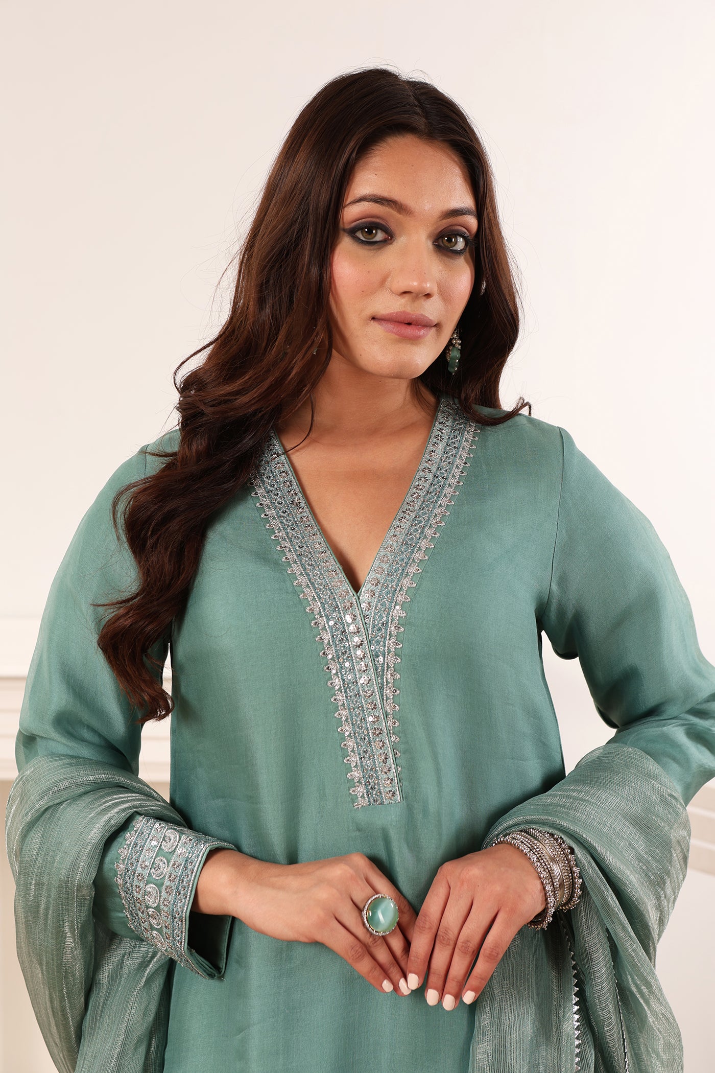 Fern-Green Embroidered Pure Silk-Organza Kurta-Pants Set