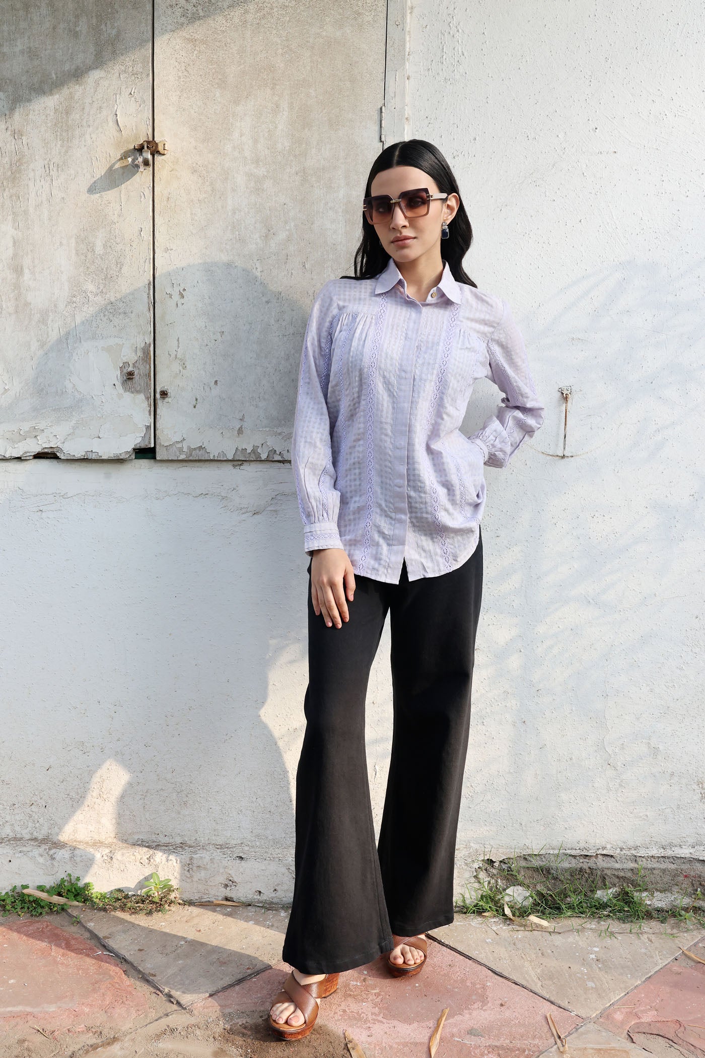 Dusty-Blue Handloom Pure Silk-Cotton (With Self-Checks) Collared Short-Blouse With Cotton Laces & Coconut Buttons
