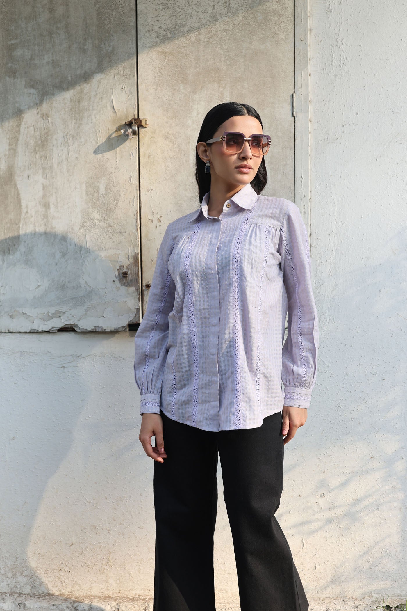 Dusty-Blue Handloom Pure Silk-Cotton (With Self-Checks) Collared Short-Blouse With Cotton Laces & Coconut Buttons