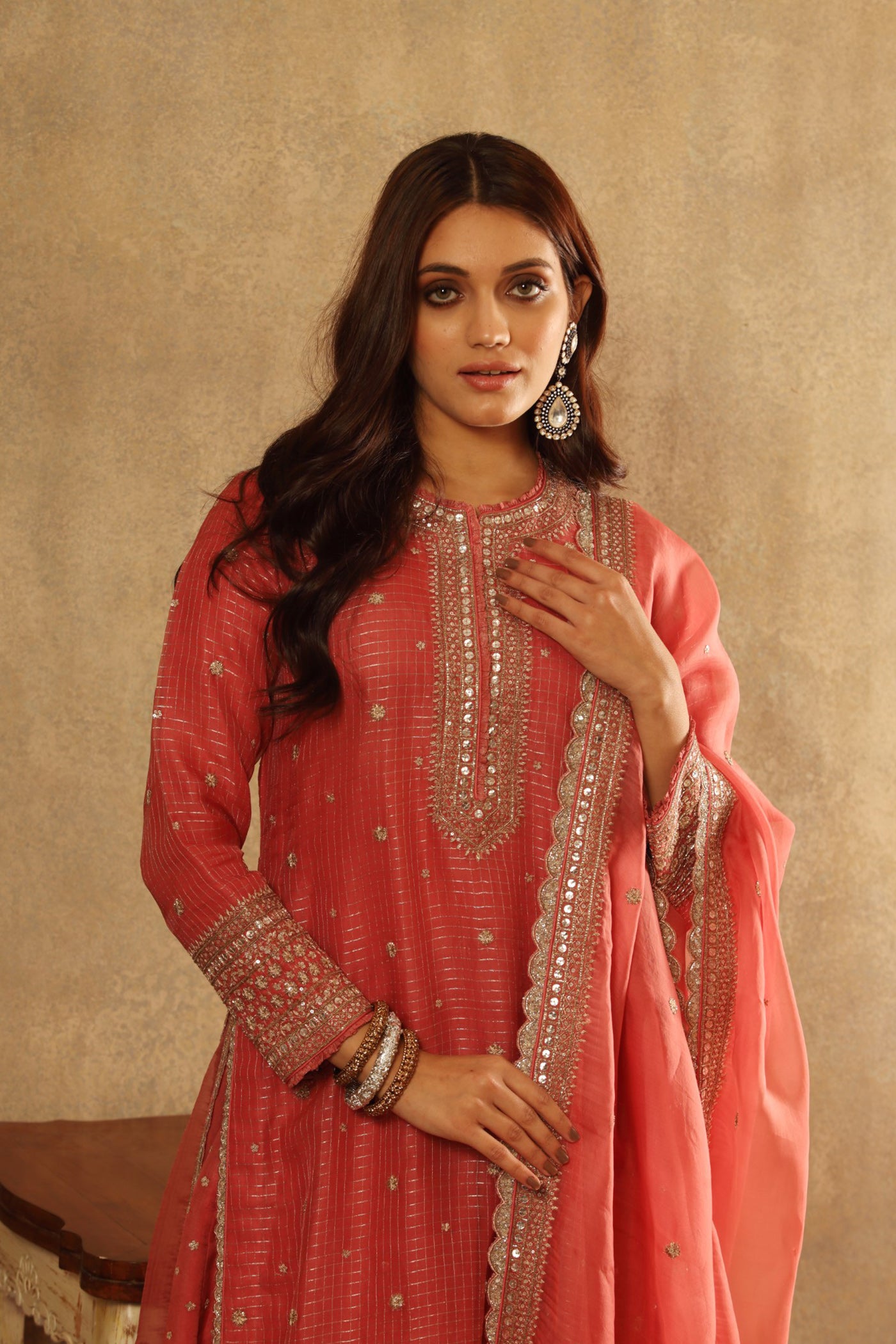 Hand Embroidered Honeysuckle Pink Pure Katan Silk Long Kurta Sharara Set