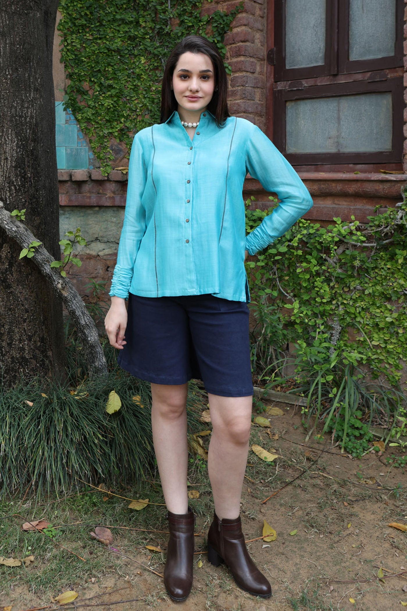 Sea-Blue Pure Silk-Cotton Front-Open Collared Short-Blouse With Ruched Cuffs