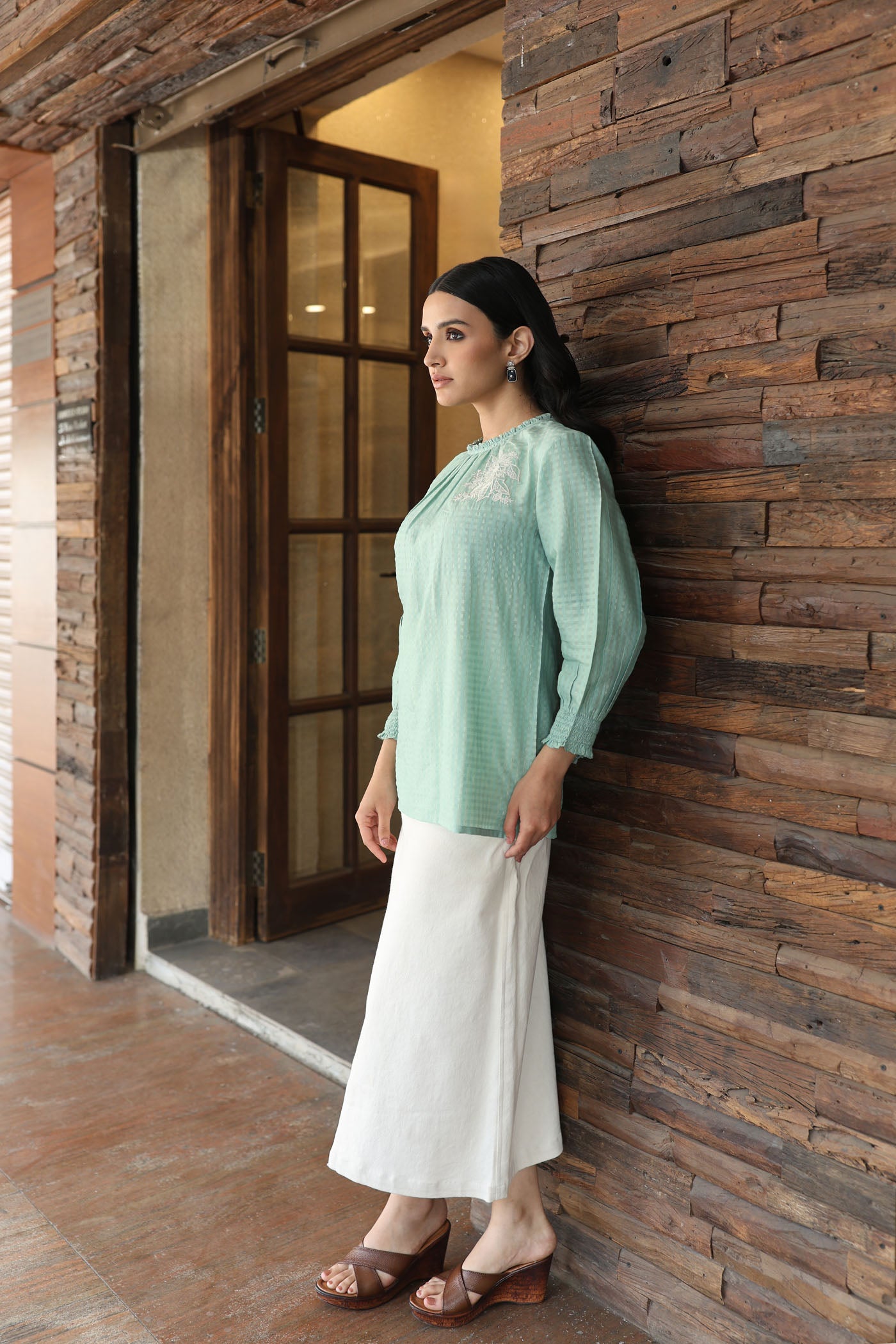 Dusty-Green Handloom Pure Silk-Cotton (With Self-Checks) Embroidered Short-Blouse With A High-Round Neck & Frills