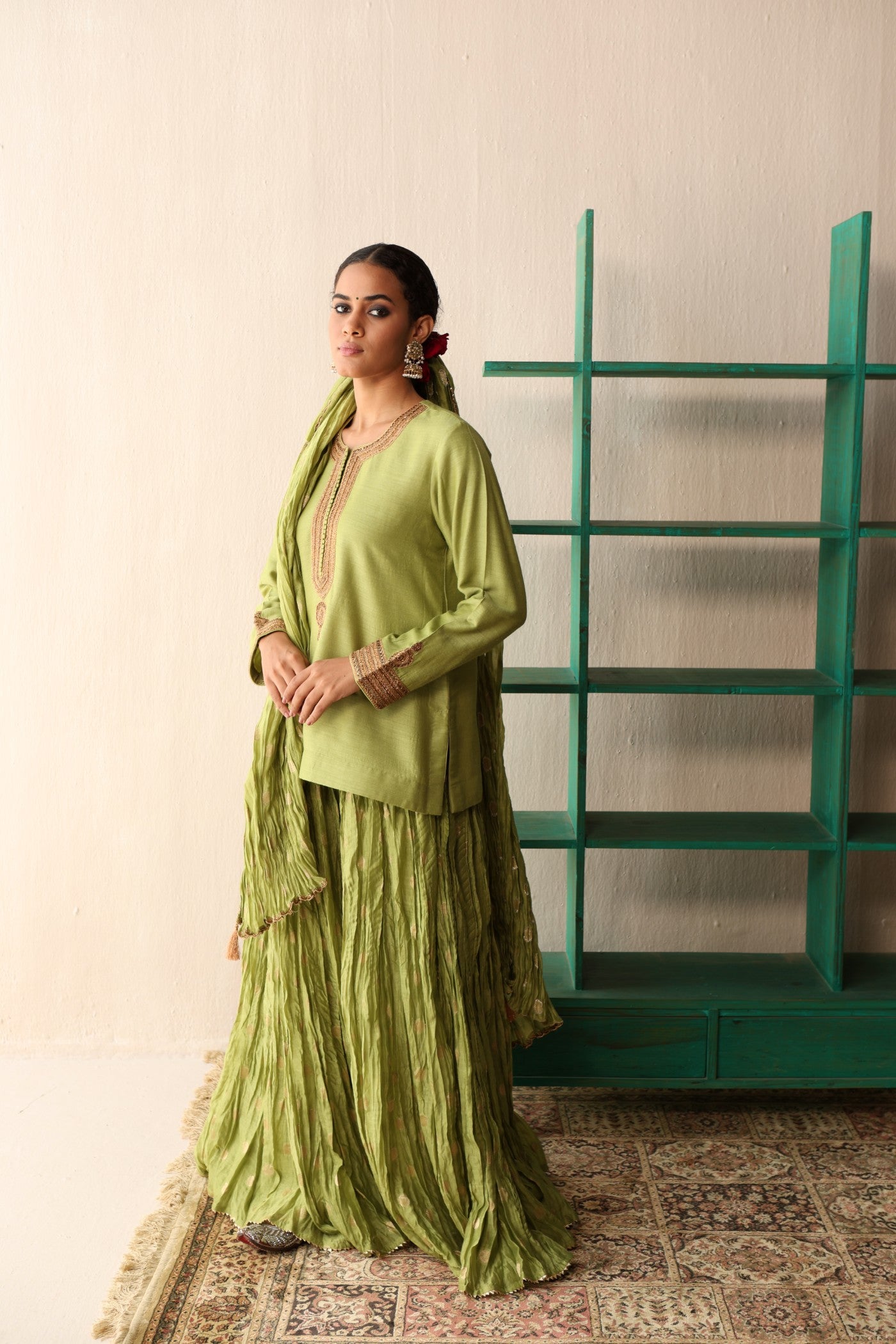 LETTUCE-GREEN HAND-EMBROIDERED PURE MUGA-SILK SHORT-KURTA WITH CRUSHED PURE SILK-COTTON (METALLIC POLKA DOTS) SHARARA SET