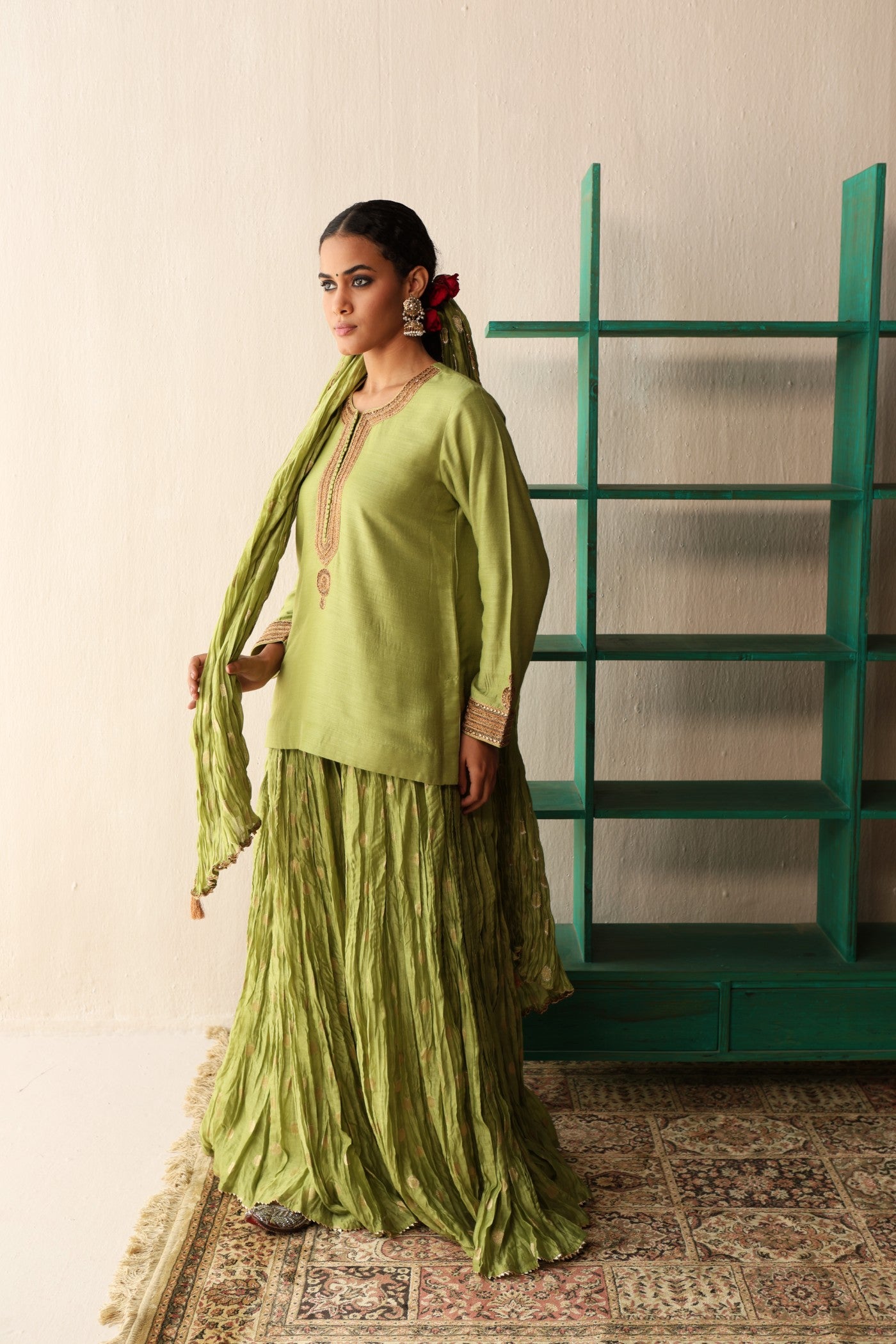 LETTUCE-GREEN HAND-EMBROIDERED PURE MUGA-SILK SHORT-KURTA WITH CRUSHED PURE SILK-COTTON (METALLIC POLKA DOTS) SHARARA SET