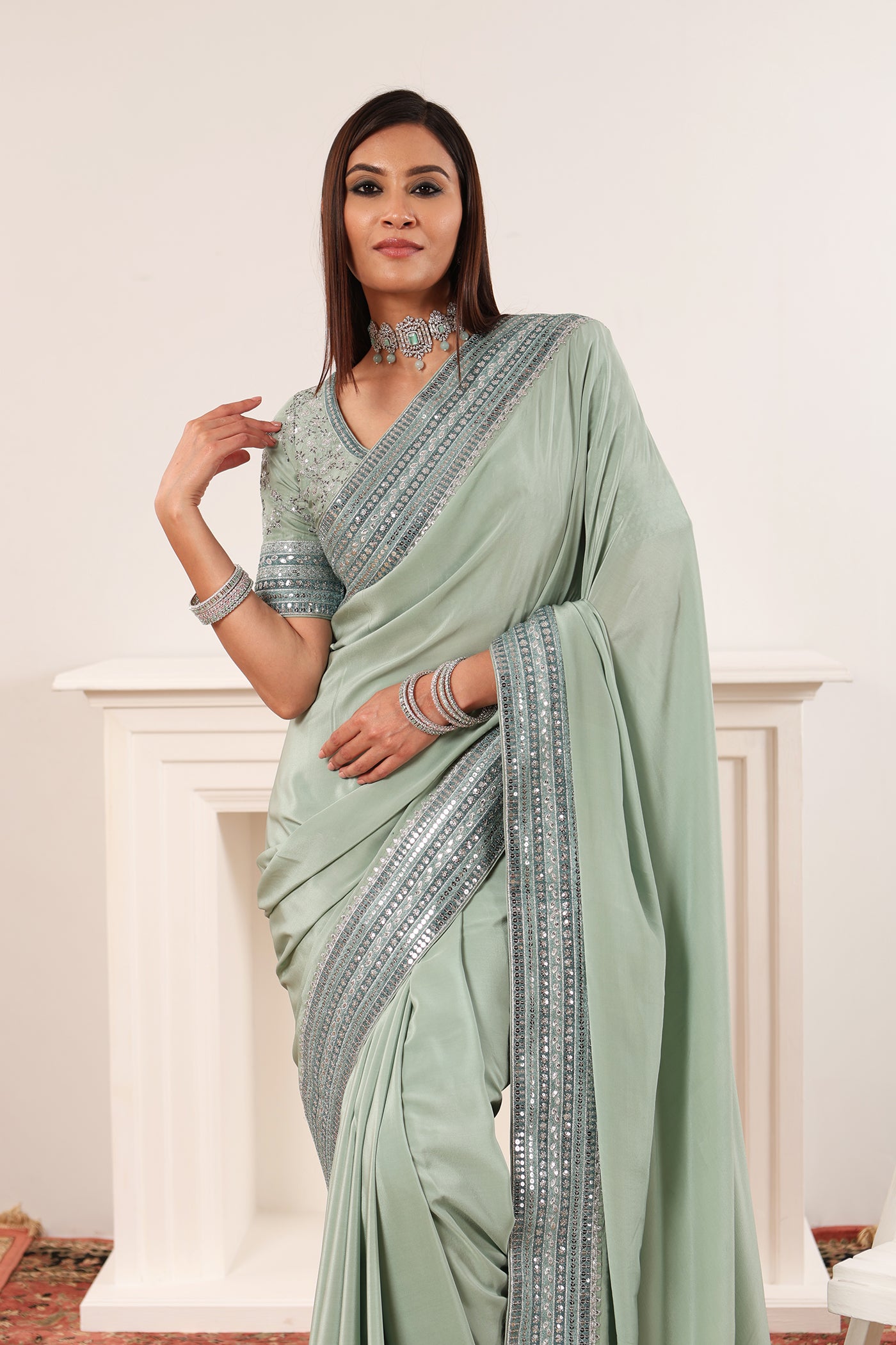 Sage-Green Embroidered Pure Crepe-Silk Saree-Blouse Set