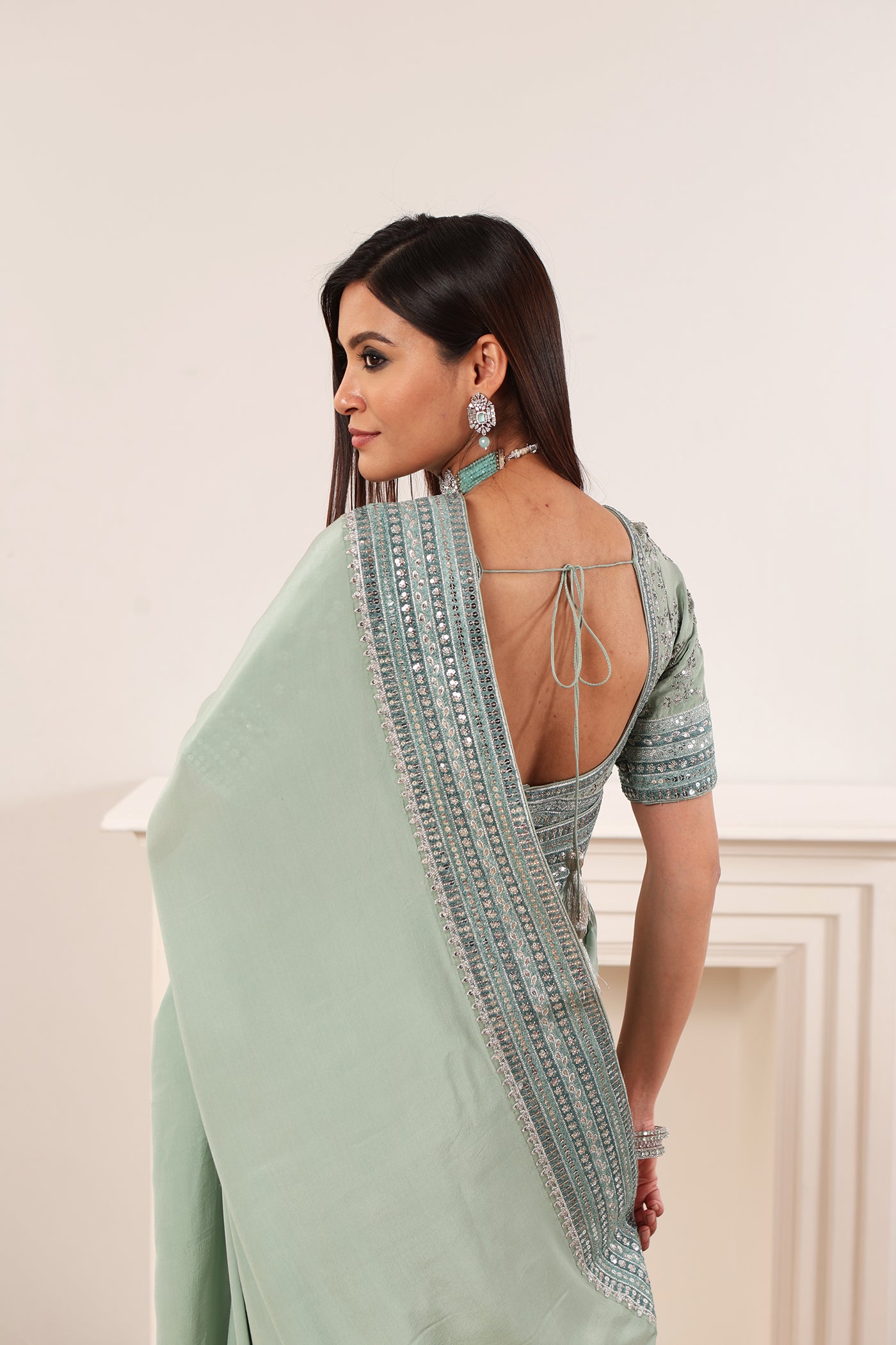 Sage-Green Embroidered Pure Crepe-Silk Saree-Blouse Set
