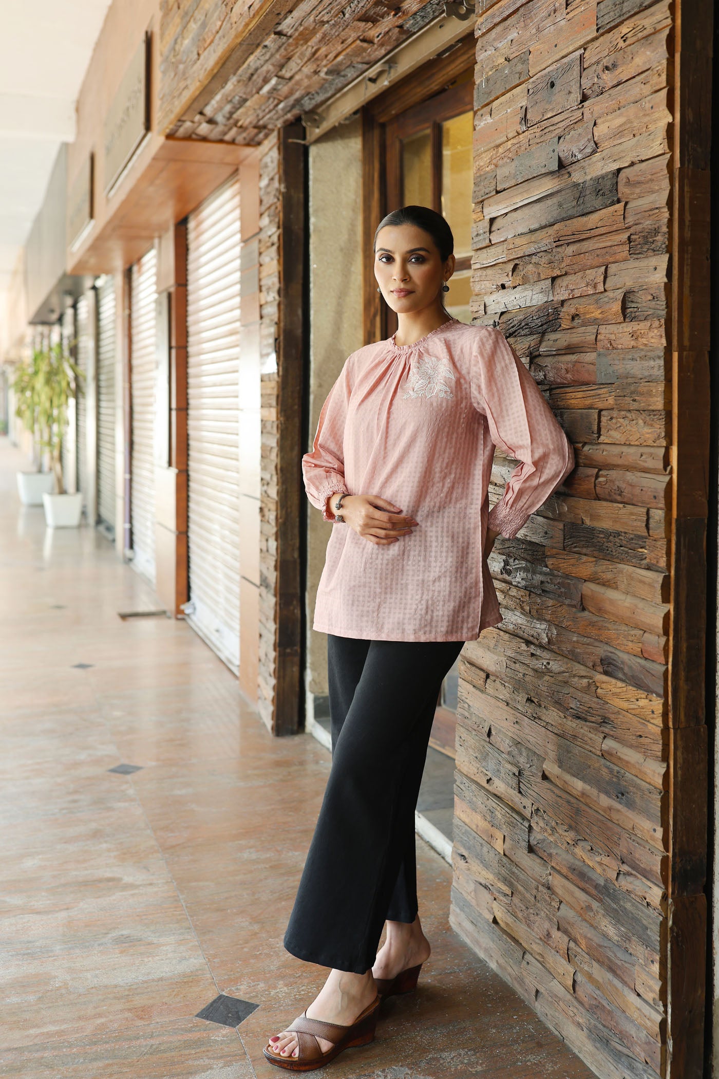 Dusty-Pink Handloom Pure Silk-Cotton (With Self-Checks) Embroidered Short-Blouse With A High-Round Neck & Frills