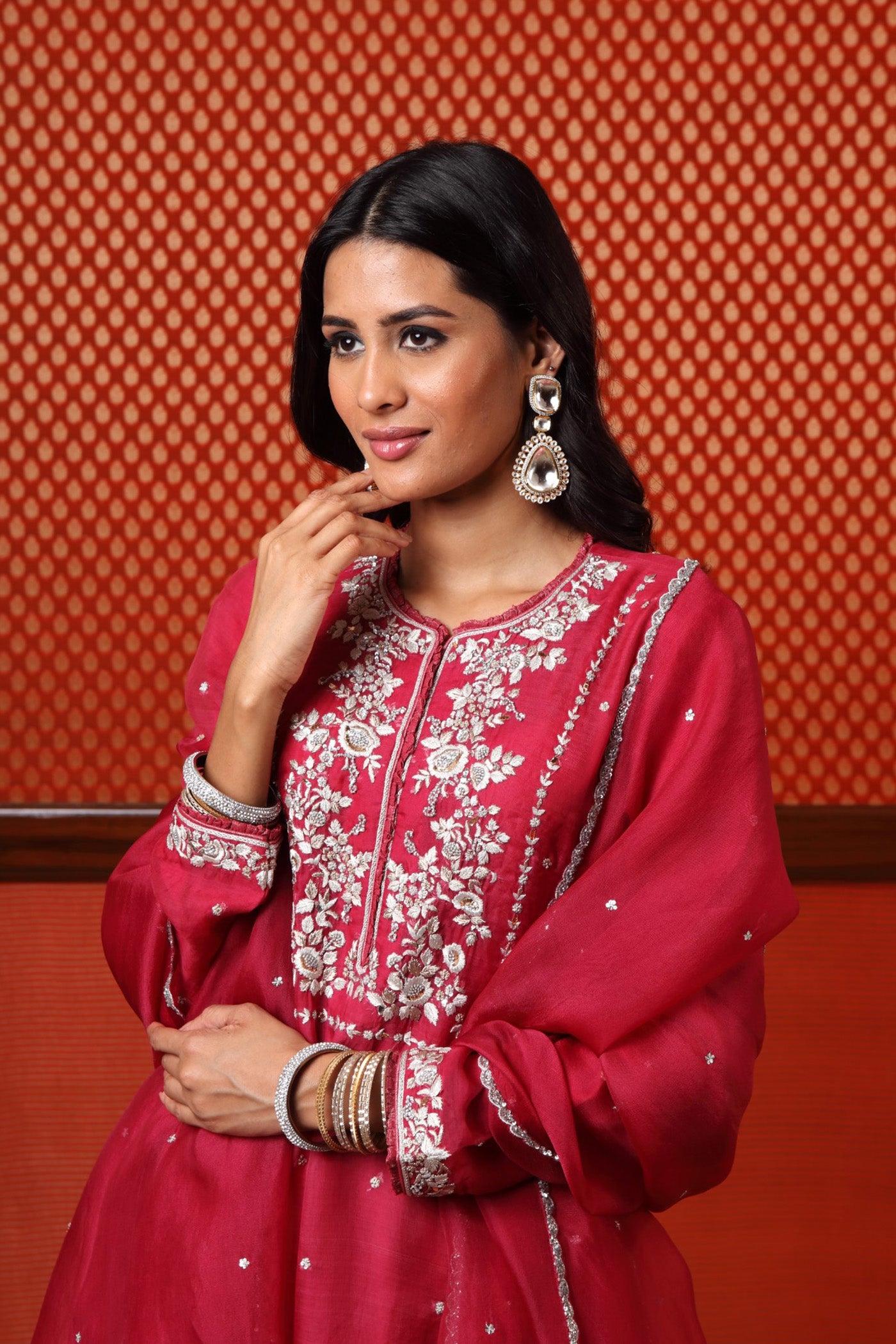 Hand Embroidered Jazzy Pink Pure Katan Silk Kurta Sharara Set