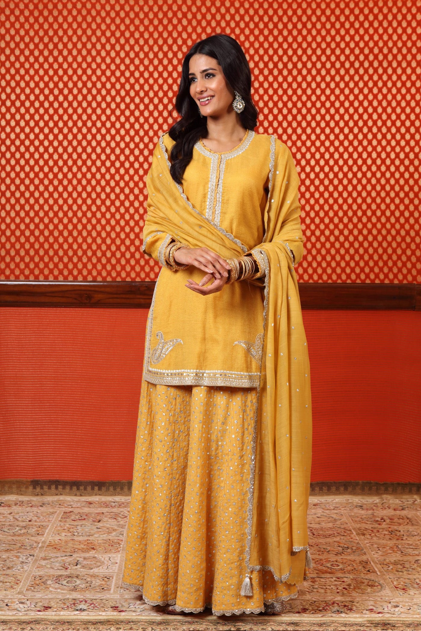 Hand Embroidered Mango Yellow Pure Silk Cotton Short Kurta Sharara Set