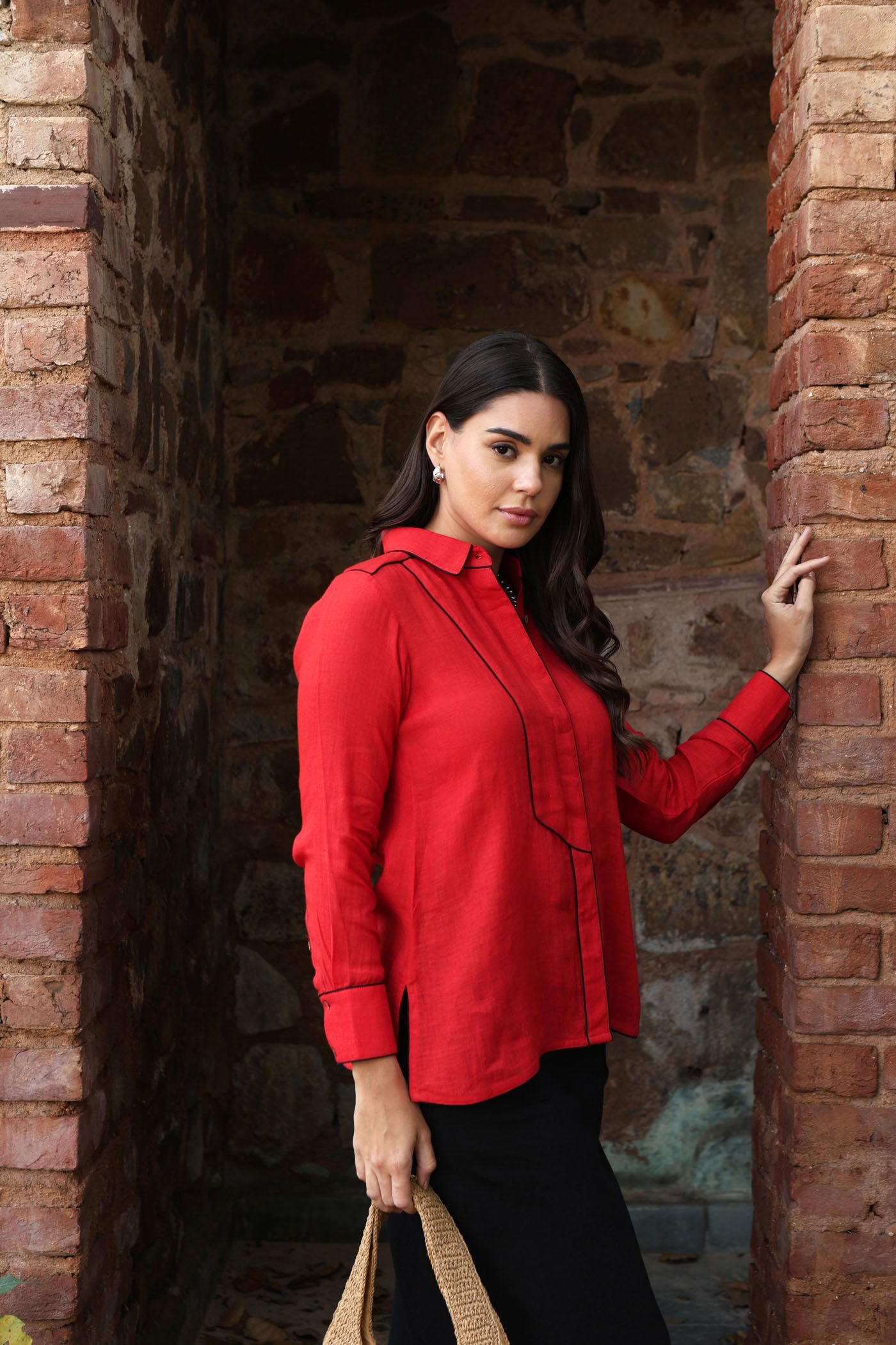 Tomato-Red Pure Linen Collared Front-Open Short Blouse With Contrast Edgings