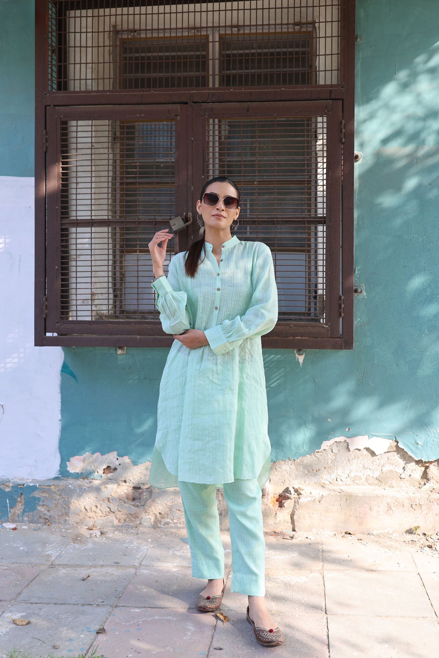 Pastel-Green Pure Linen (With Metallic Checks & Stripes) Band-Collared With Pintucked Yoke Kurta-Pants Set