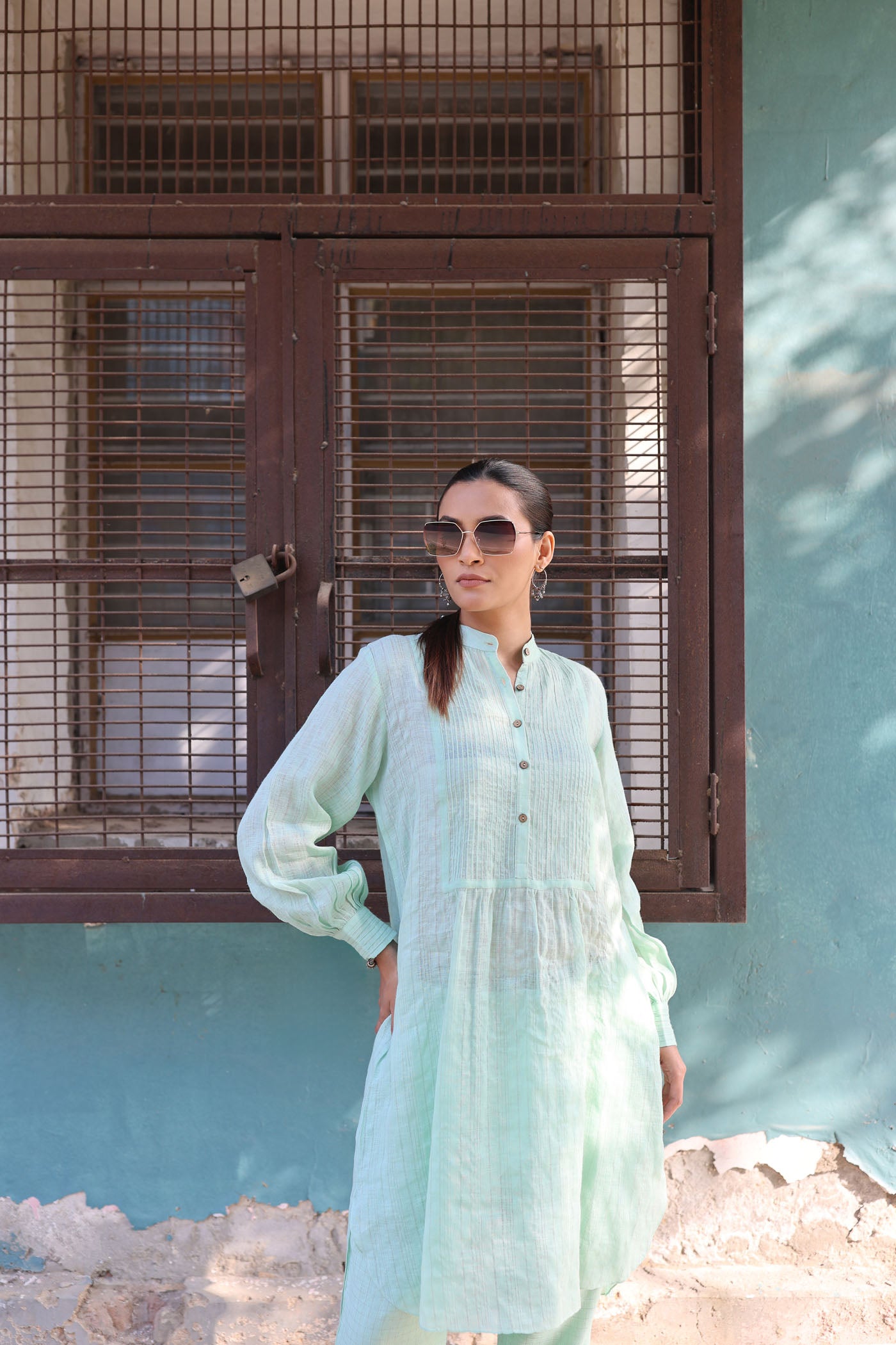 Pastel-Green Pure Linen (With Metallic Checks & Stripes) Band-Collared With Pintucked Yoke Kurta-Pants Set