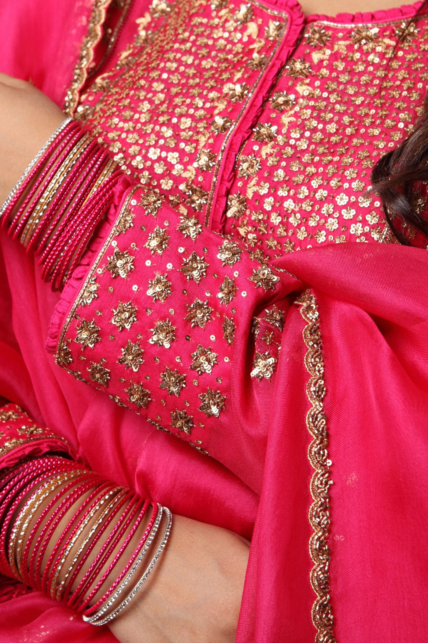 Hand Embroidered Rani Pink Pure Silk Organza Kurta Sharara Set
