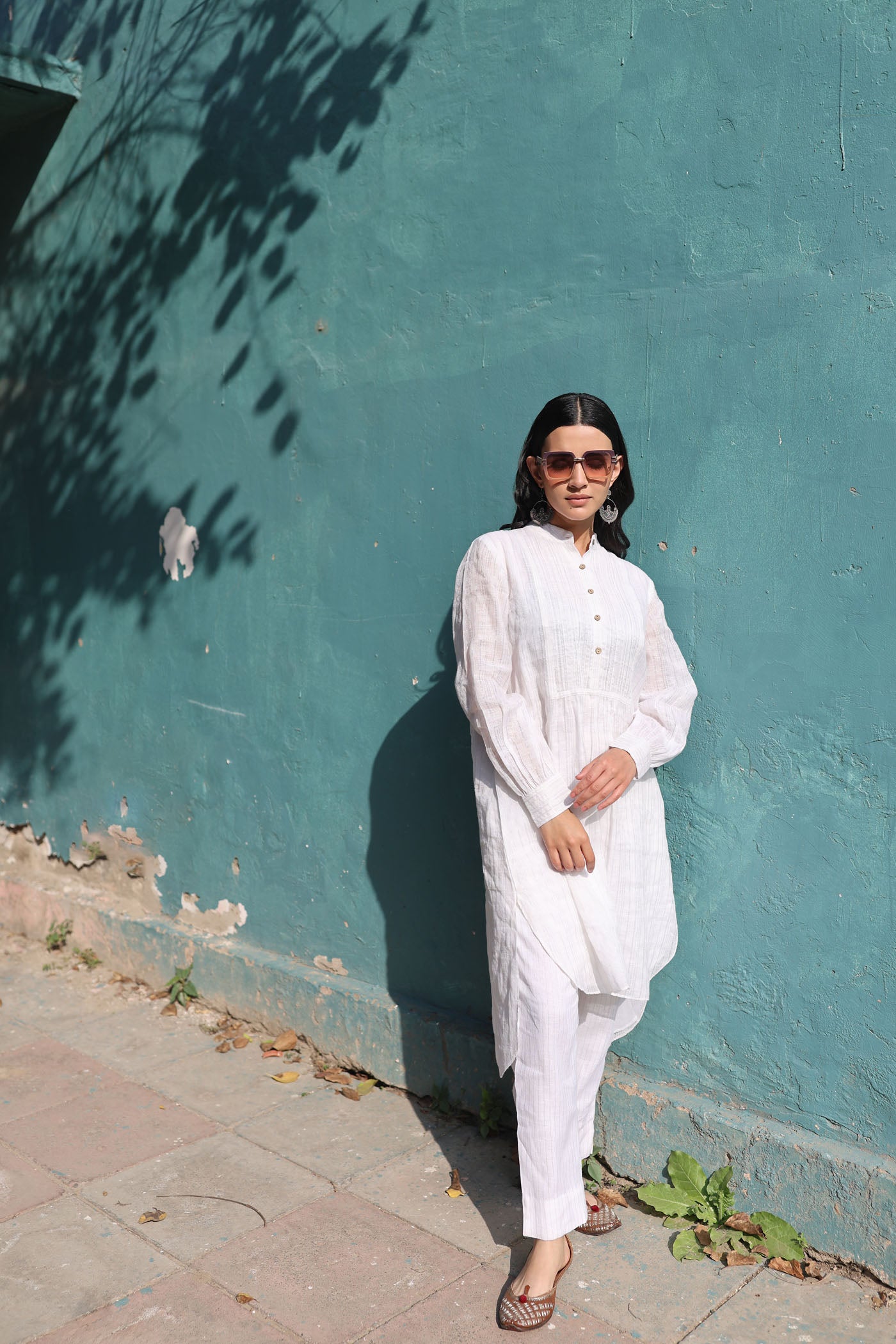 Ivory Pure Linen (With Metallic Checks & Stripes) Band-Collared With Pintucked Yoke Kurta-Pants Set