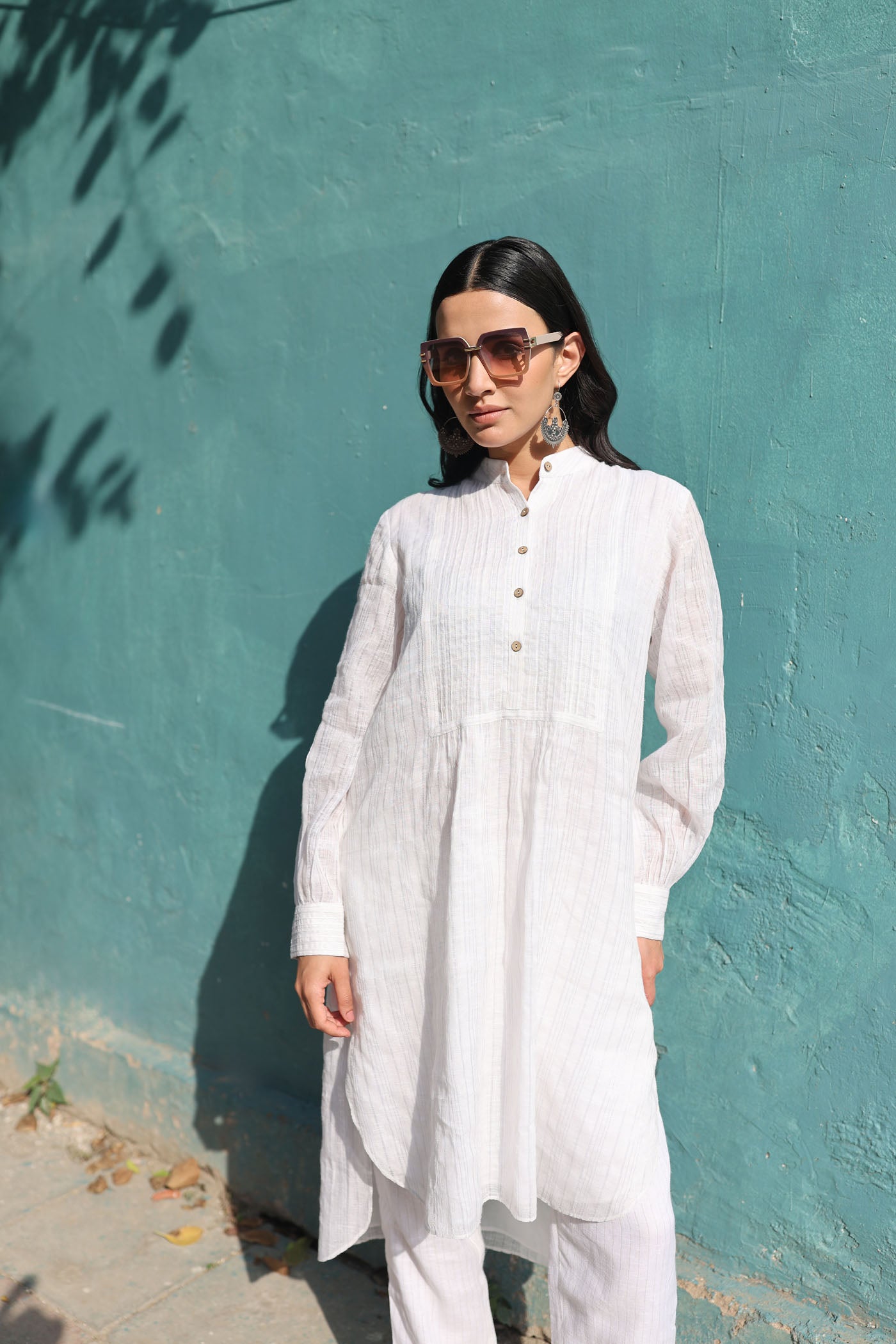 Ivory Pure Linen (With Metallic Checks & Stripes) Band-Collared With Pintucked Yoke Kurta-Pants Set