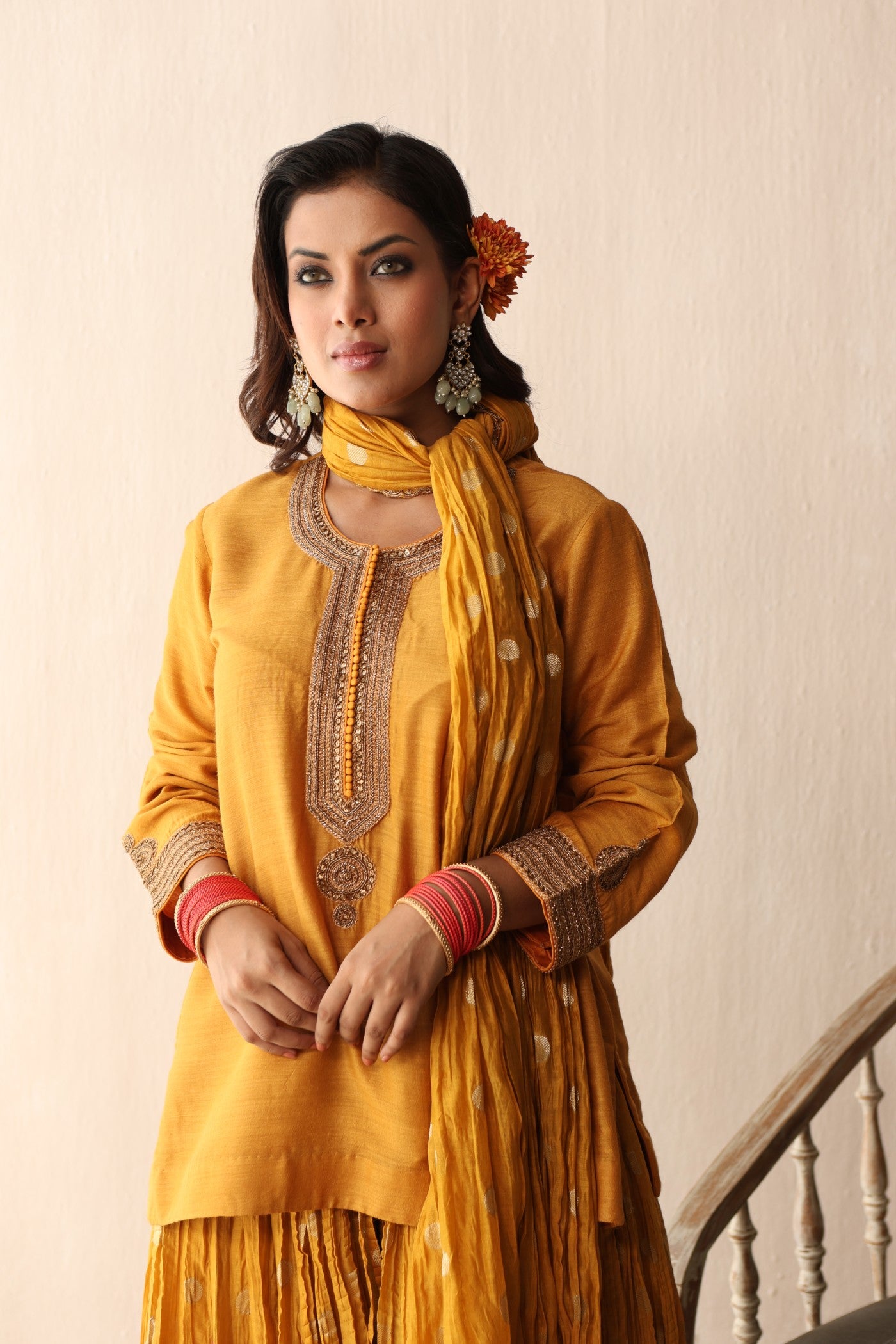 MANGO-YELLOW HAND-EMBROIDERED PURE MUGA-SILK SHORT-KURTA WITH CRUSHED PURE SILK-COTTON (METALLIC POLKA DOTS) SHARARA SET