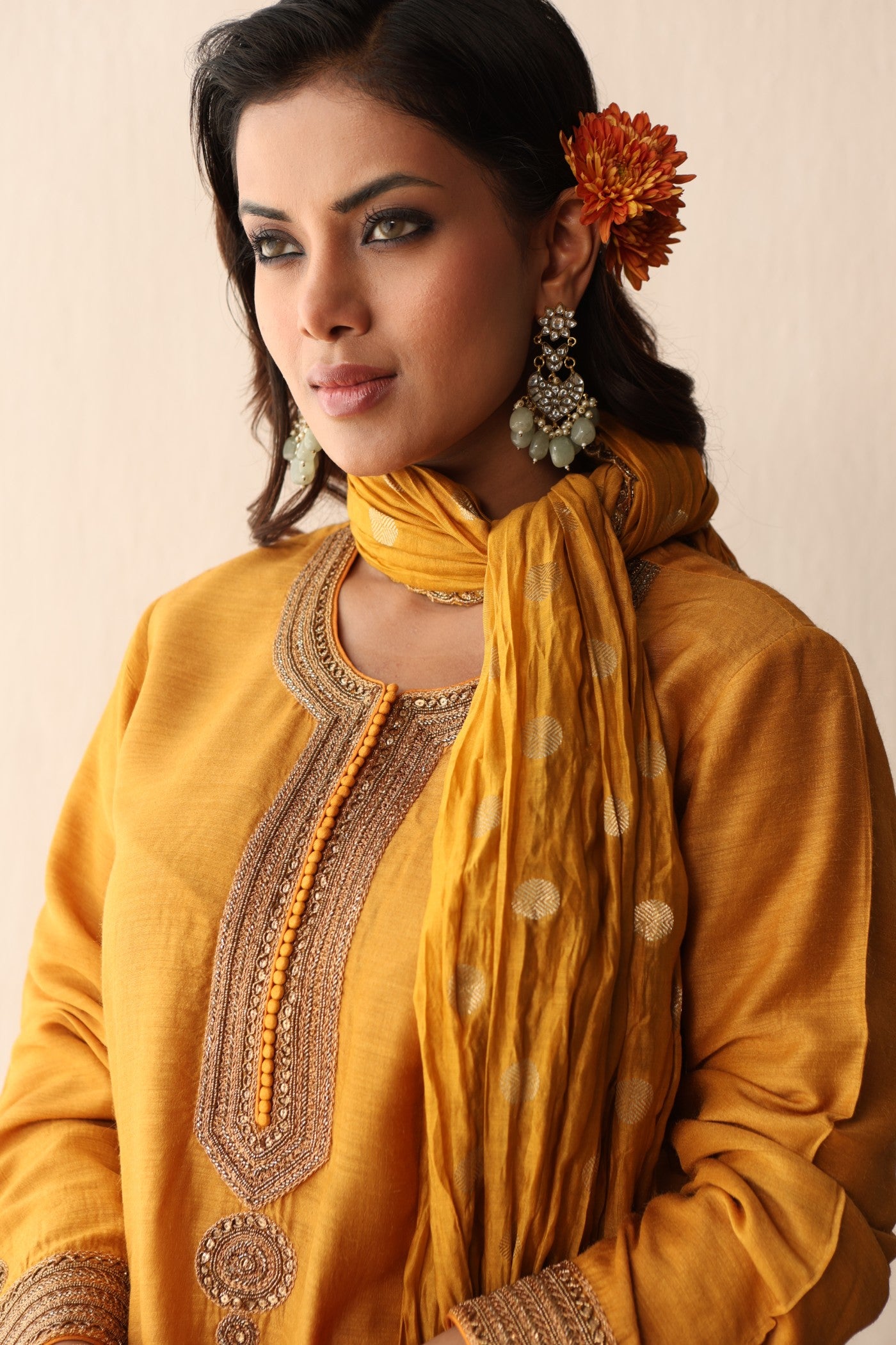 MANGO-YELLOW HAND-EMBROIDERED PURE MUGA-SILK SHORT-KURTA WITH CRUSHED PURE SILK-COTTON (METALLIC POLKA DOTS) SHARARA SET