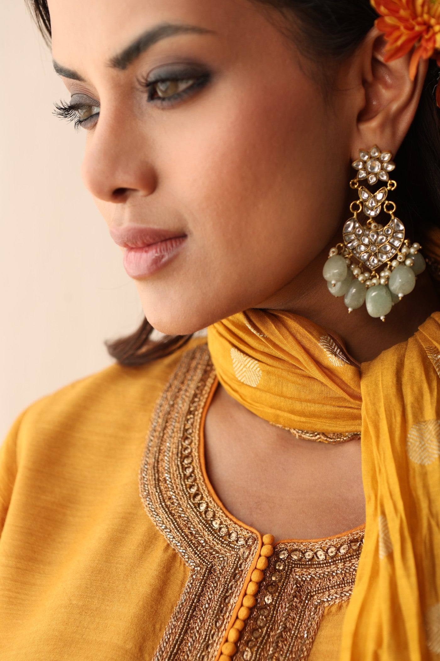 MANGO-YELLOW HAND-EMBROIDERED PURE MUGA-SILK SHORT-KURTA WITH CRUSHED PURE SILK-COTTON (METALLIC POLKA DOTS) SHARARA SET