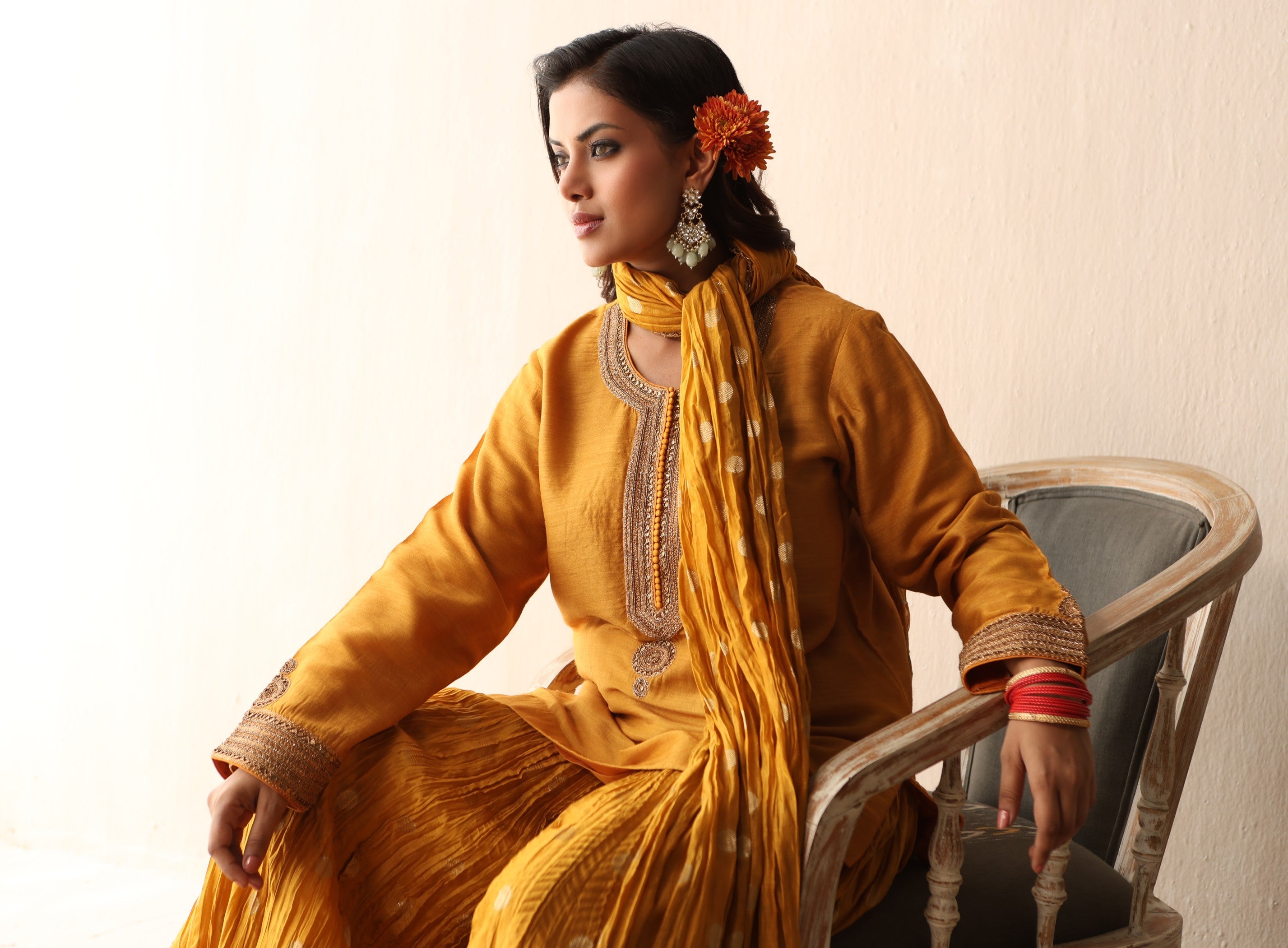 MANGO-YELLOW HAND-EMBROIDERED PURE MUGA-SILK SHORT-KURTA WITH CRUSHED PURE SILK-COTTON (METALLIC POLKA DOTS) SHARARA SET