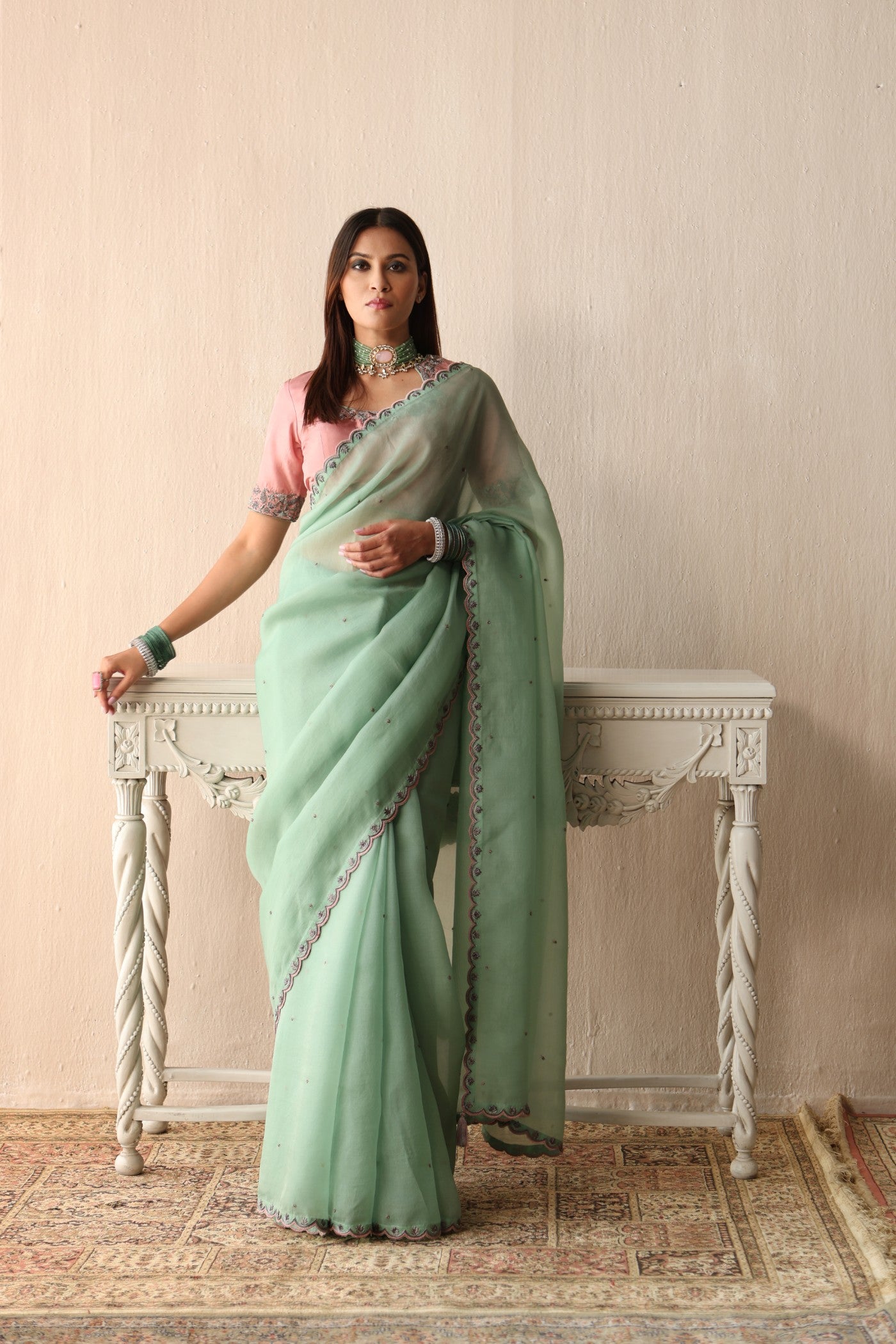 FERN-GREEN HAND-EMBROIDERED PURE SILK-ORGANZA SAREE WITH BLOSSOM-PINK PURE CREPE-SILK BLOUSE SET