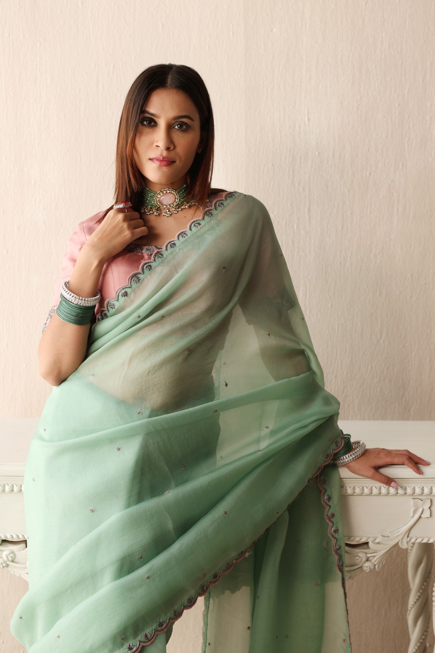 FERN-GREEN HAND-EMBROIDERED PURE SILK-ORGANZA SAREE WITH BLOSSOM-PINK PURE CREPE-SILK BLOUSE SET