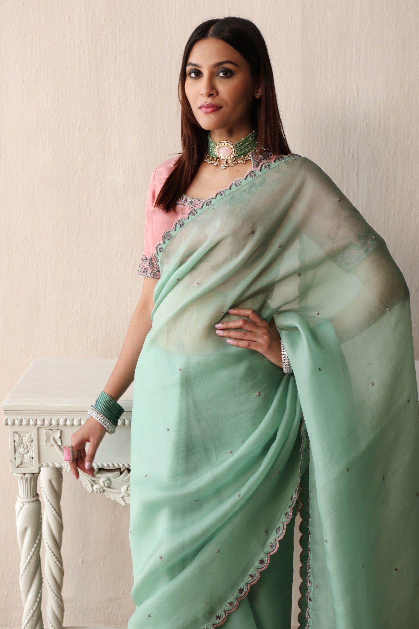 FERN-GREEN HAND-EMBROIDERED PURE SILK-ORGANZA SAREE WITH BLOSSOM-PINK PURE CREPE-SILK BLOUSE SET