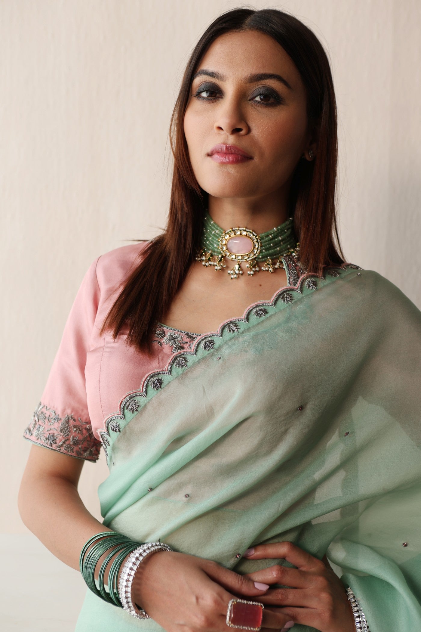 FERN-GREEN HAND-EMBROIDERED PURE SILK-ORGANZA SAREE WITH BLOSSOM-PINK PURE CREPE-SILK BLOUSE SET