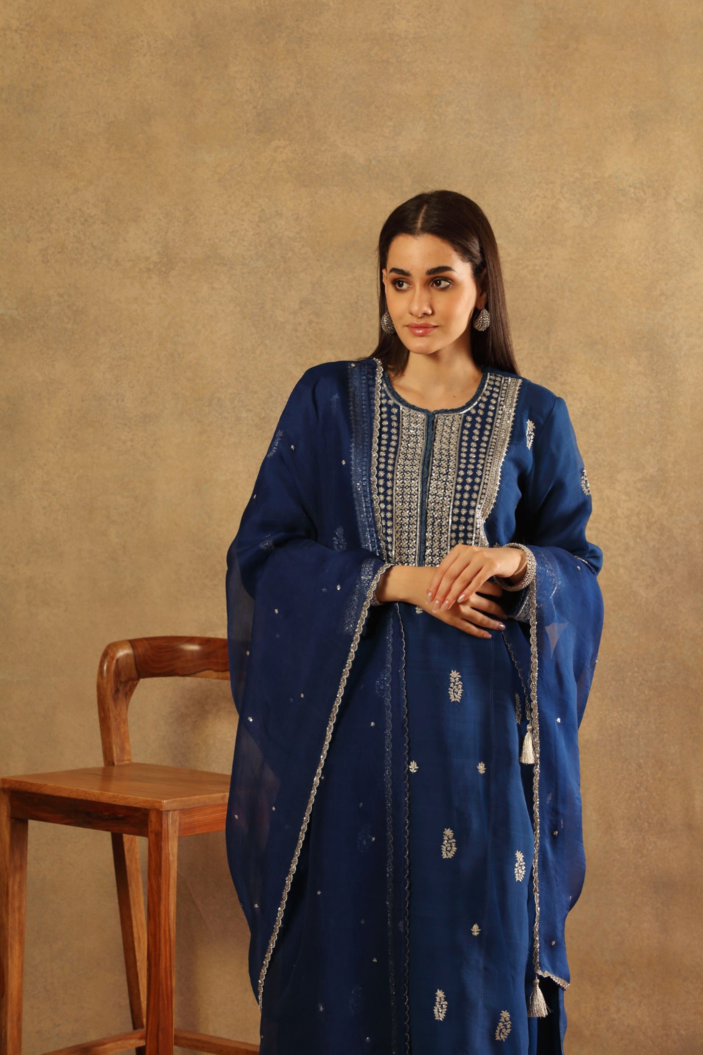 Hand Embroidered Opal Blue Pure Katan Silk Kurta Palazzo Set