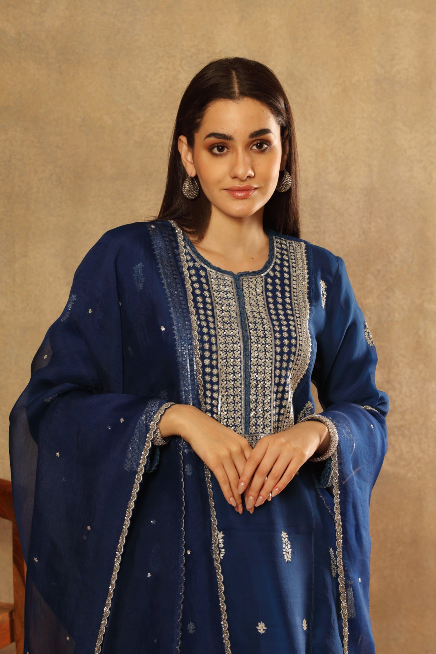 Hand Embroidered Opal Blue Pure Katan Silk Kurta Palazzo Set