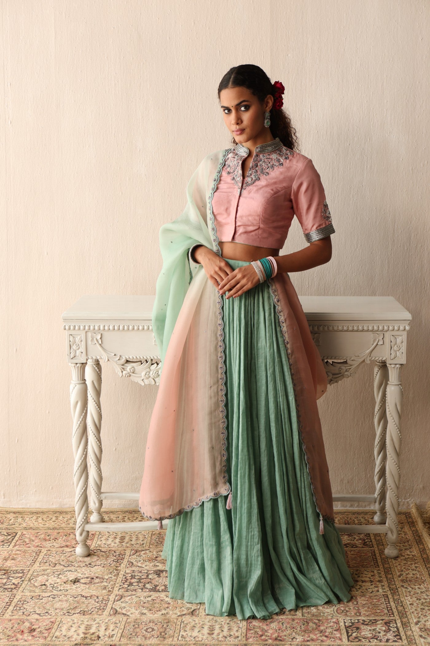 FERN-GREEN HAND-EMBROIDERED PURE SILK-COTTON METALLIC LEHENGA WITH BLOSSOM-PINK PURE SILK BLOUSE PAIRED WITH OMBRE DYED PURE SILK-ORGANZA DUPATTA