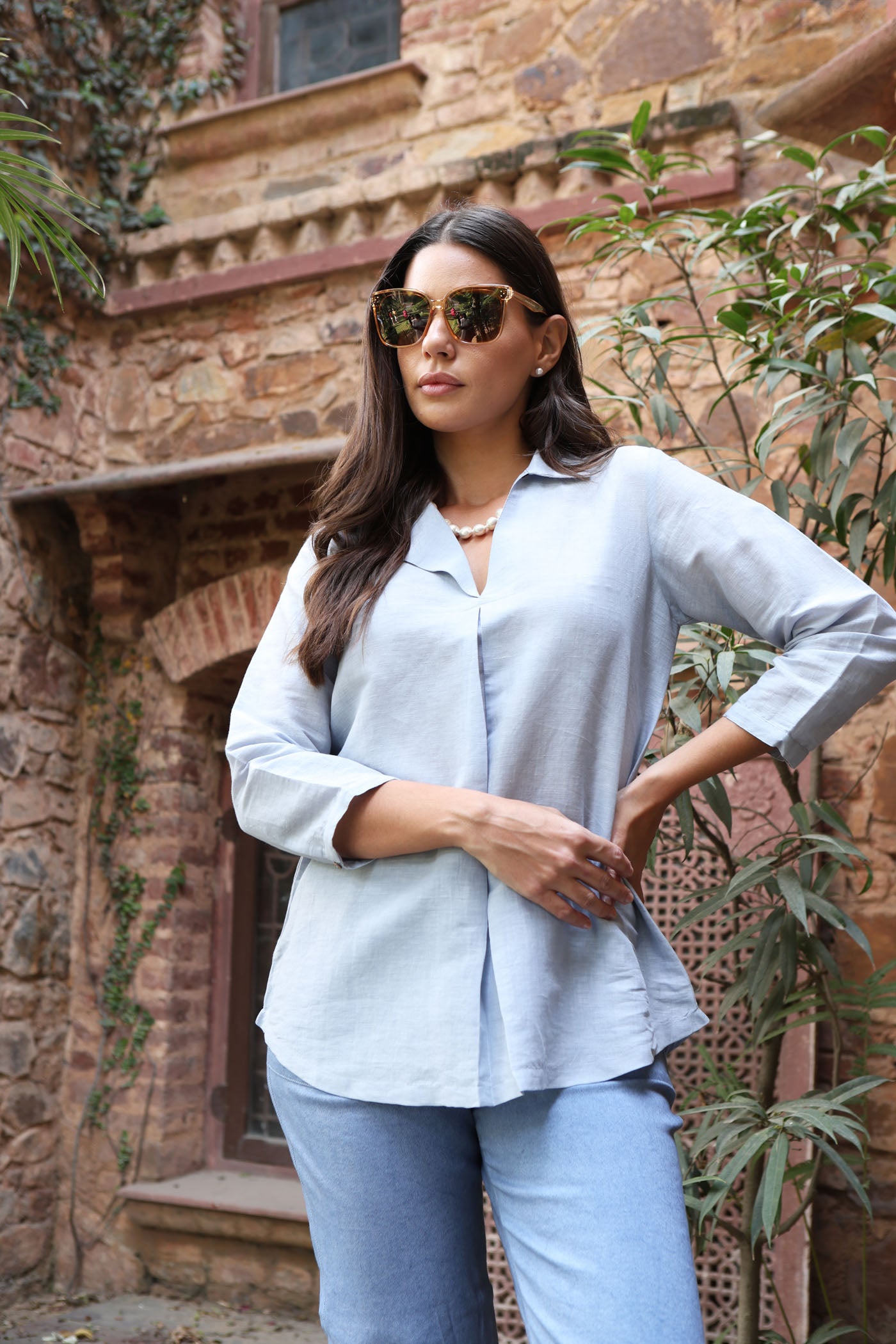 Dusty-Blue Handloom Pure Linen-Cotton Collared Short Tunic