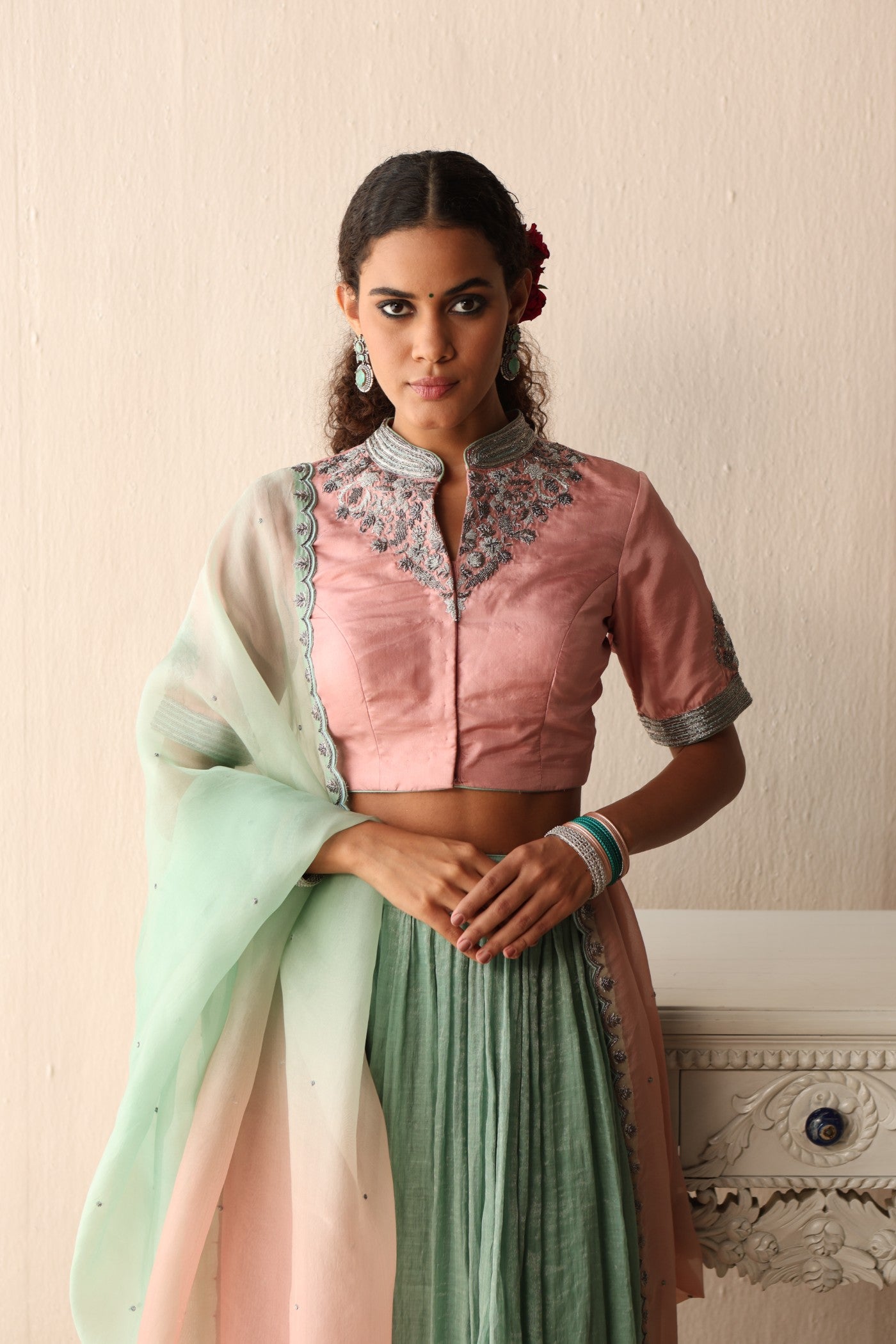 FERN-GREEN HAND-EMBROIDERED PURE SILK-COTTON METALLIC LEHENGA WITH BLOSSOM-PINK PURE SILK BLOUSE PAIRED WITH OMBRE DYED PURE SILK-ORGANZA DUPATTA