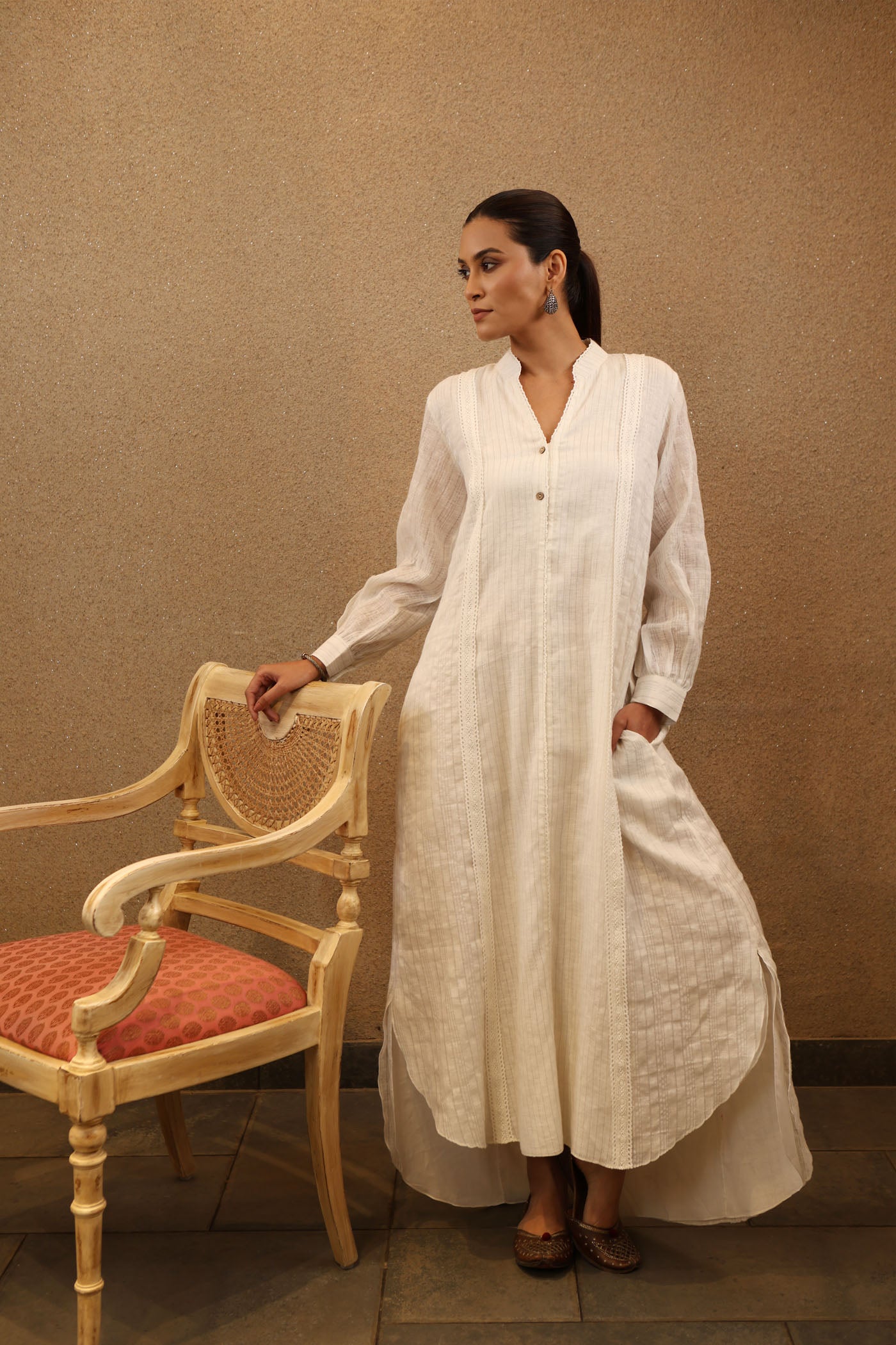 Ivory Pure Linen (With Metallic Checks & Stripes) Collared Long Dress With Cotton Laces